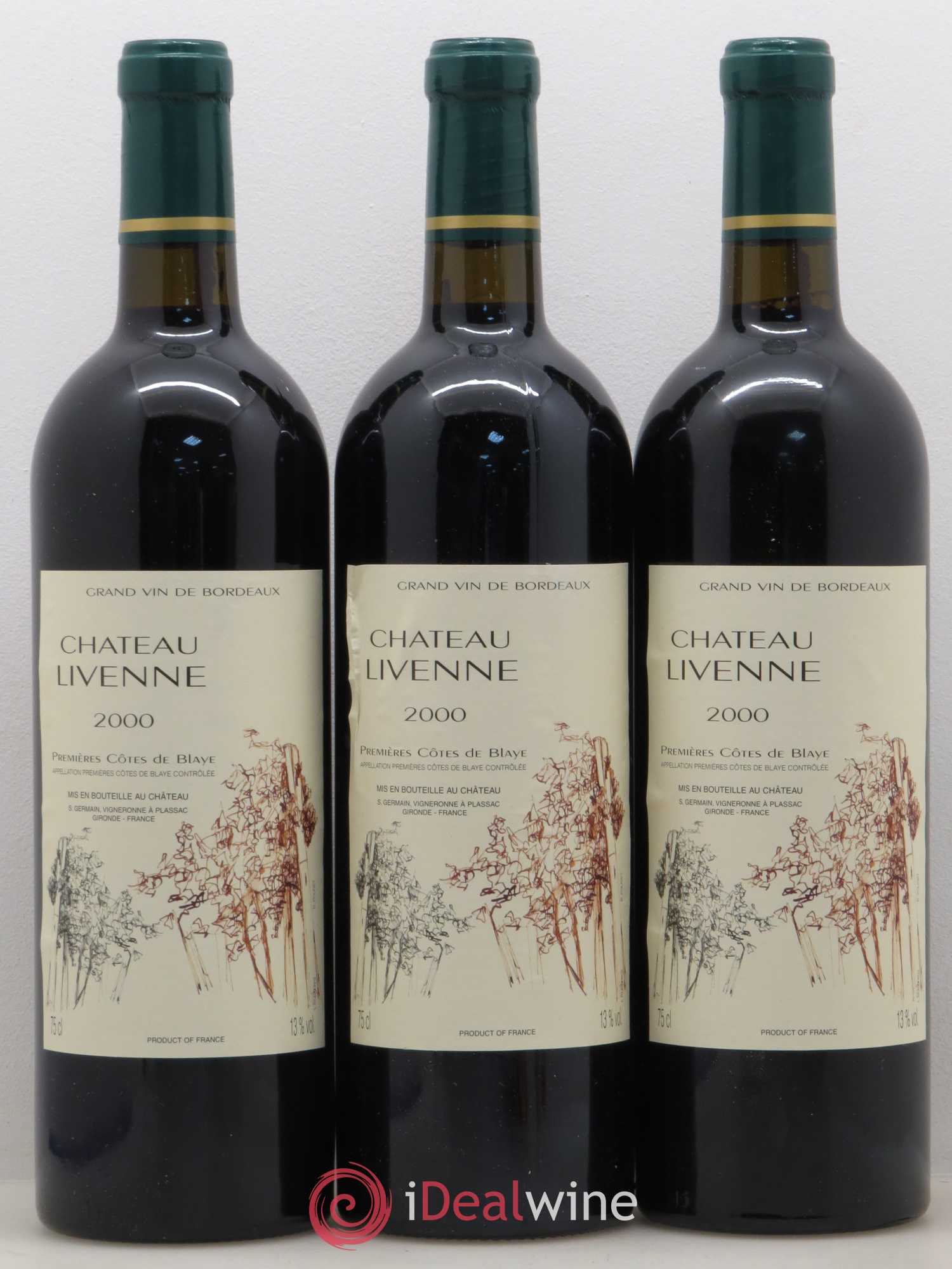 Premières-Côtes-de-Blaye (Blaye-Côtes-de-Bordeaux) Château Livenne (sans prix de réserve) 2000 - Lotto di 3 bottiglie - 0
