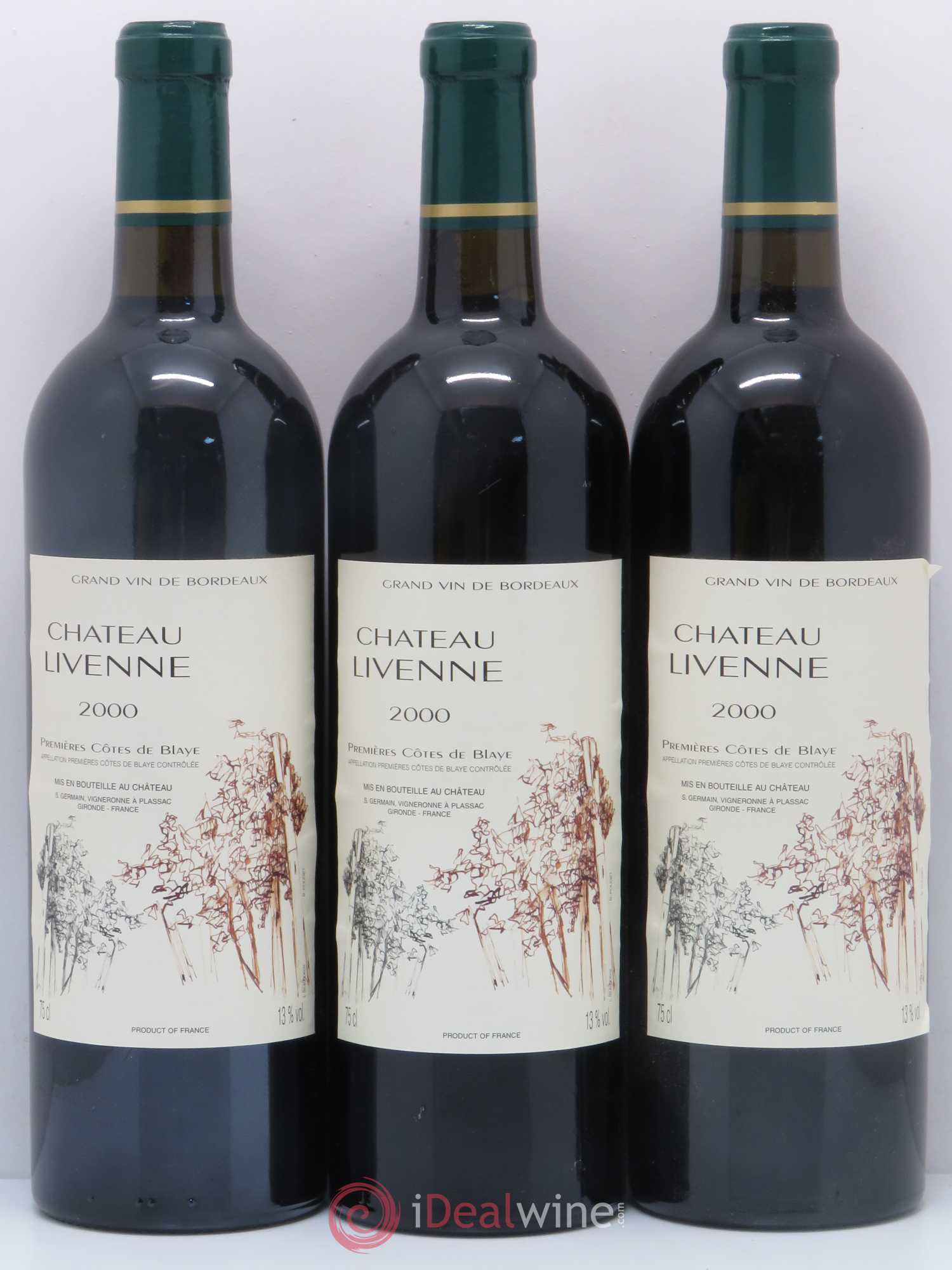 Premières-Côtes-de-Blaye (Blaye-Côtes-de-Bordeaux) Château Livenne (sans prix de réserve) 2000 - Lotto di 3 bottiglie - 0