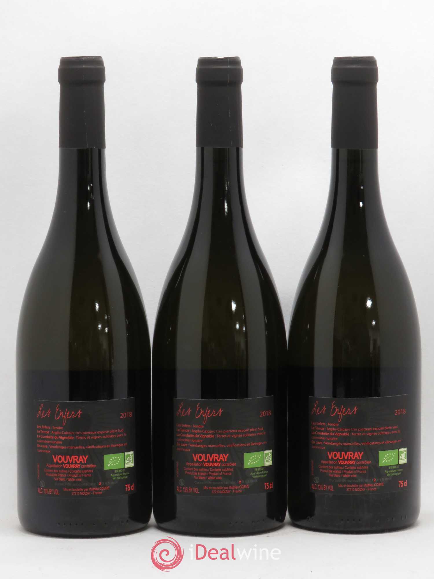 Vouvray Mathieu Cosme Les Enfers  (sans prix de réserve) 2018 - Lot de 3 bouteilles - 1