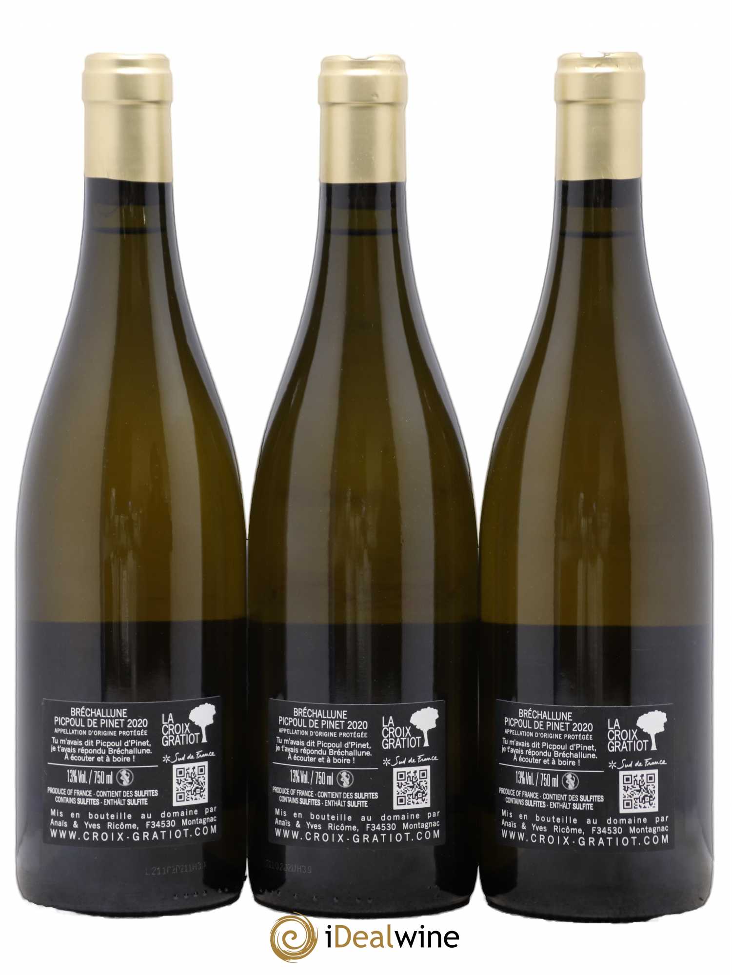 Languedoc Picpoul de Pinet Bréchallune Domaine de la Croix Gratiot (sans prix de réserve) 2020 - Posten von 3 Flaschen - 1