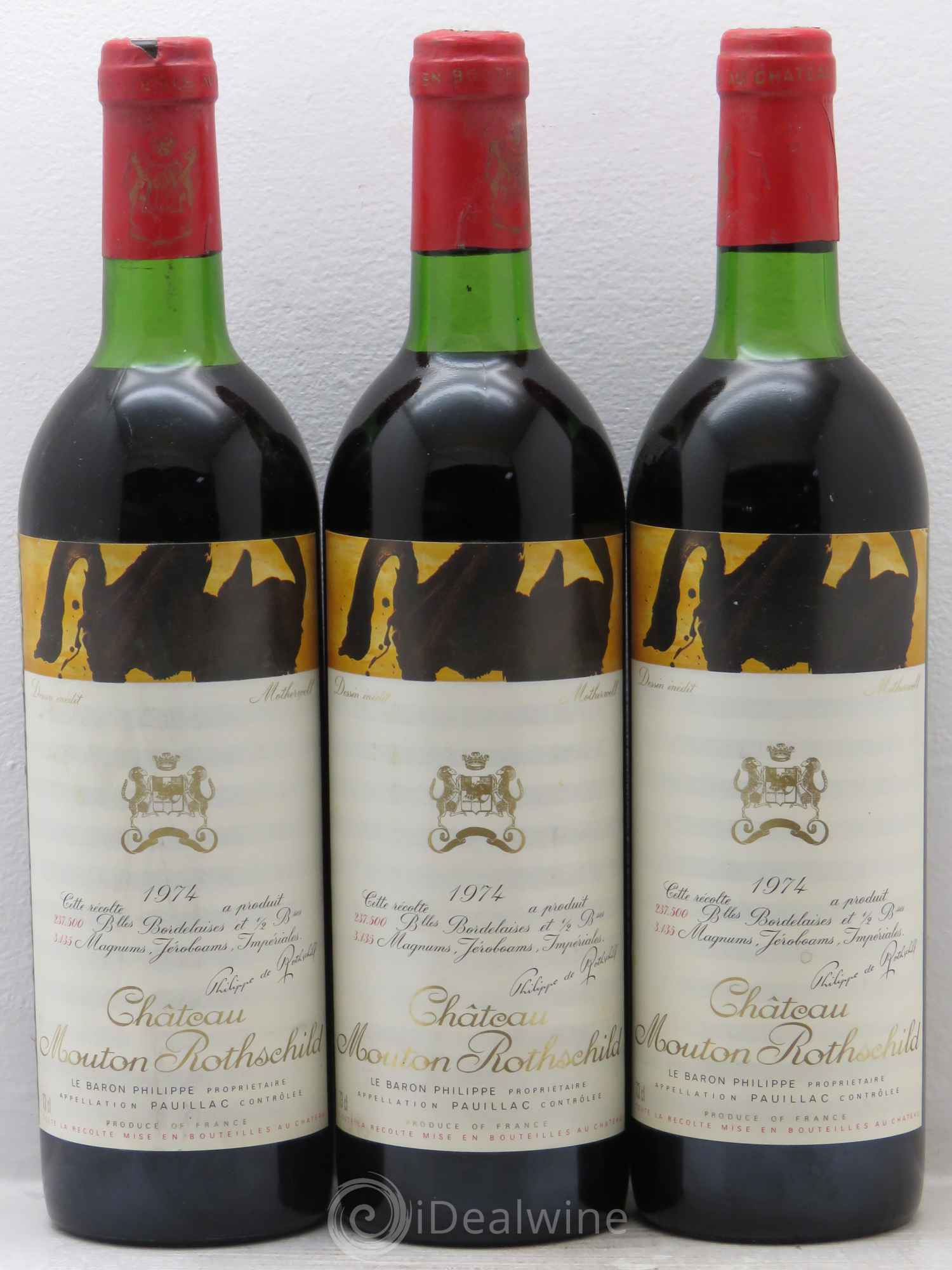 Château Mouton Rothschild 1er Grand Cru Classé 1974 - Lot de 3 bouteilles - 0