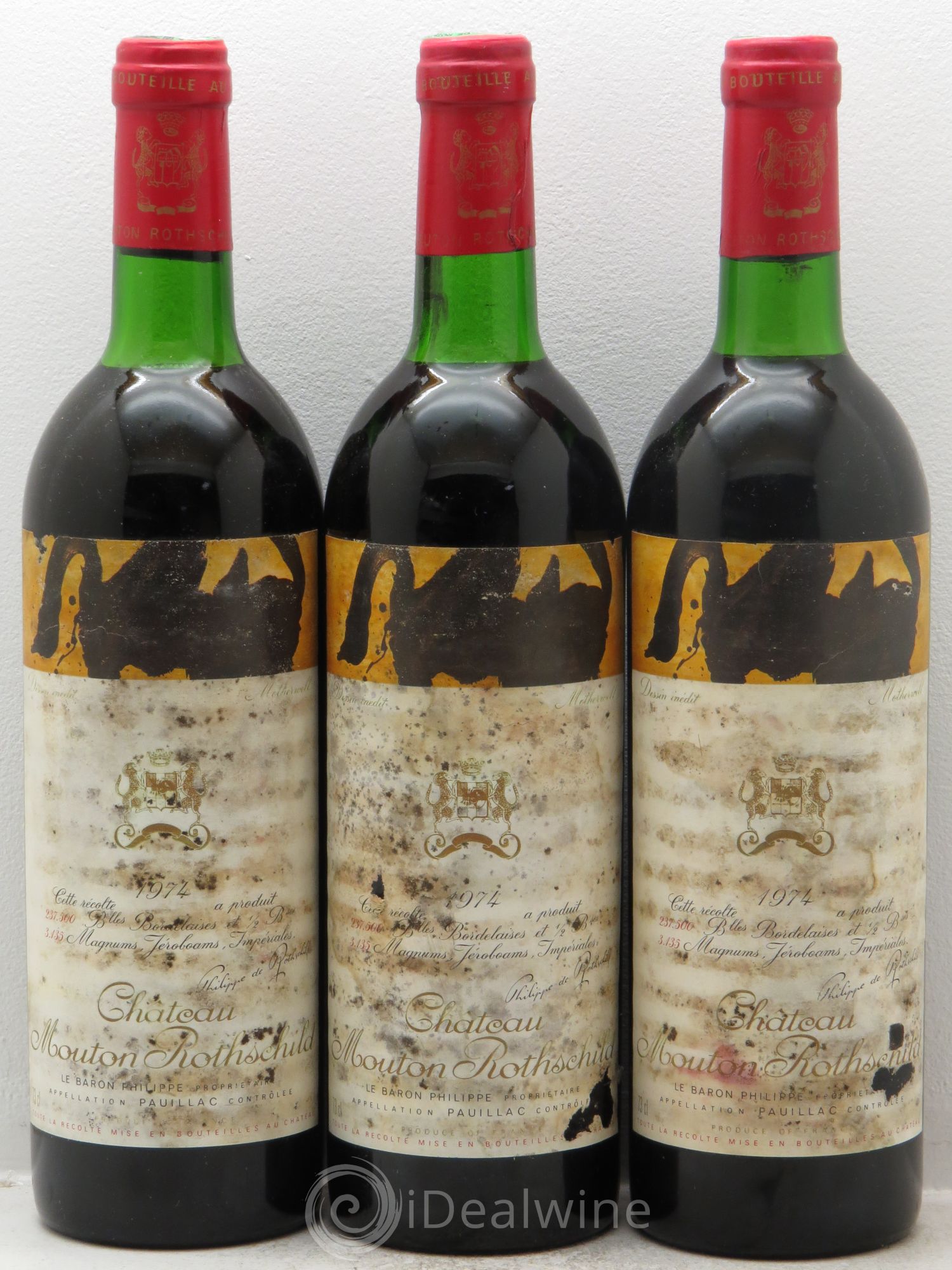 Château Mouton Rothschild 1er Grand Cru Classé 1974 - Lot de 3 bouteilles - 0