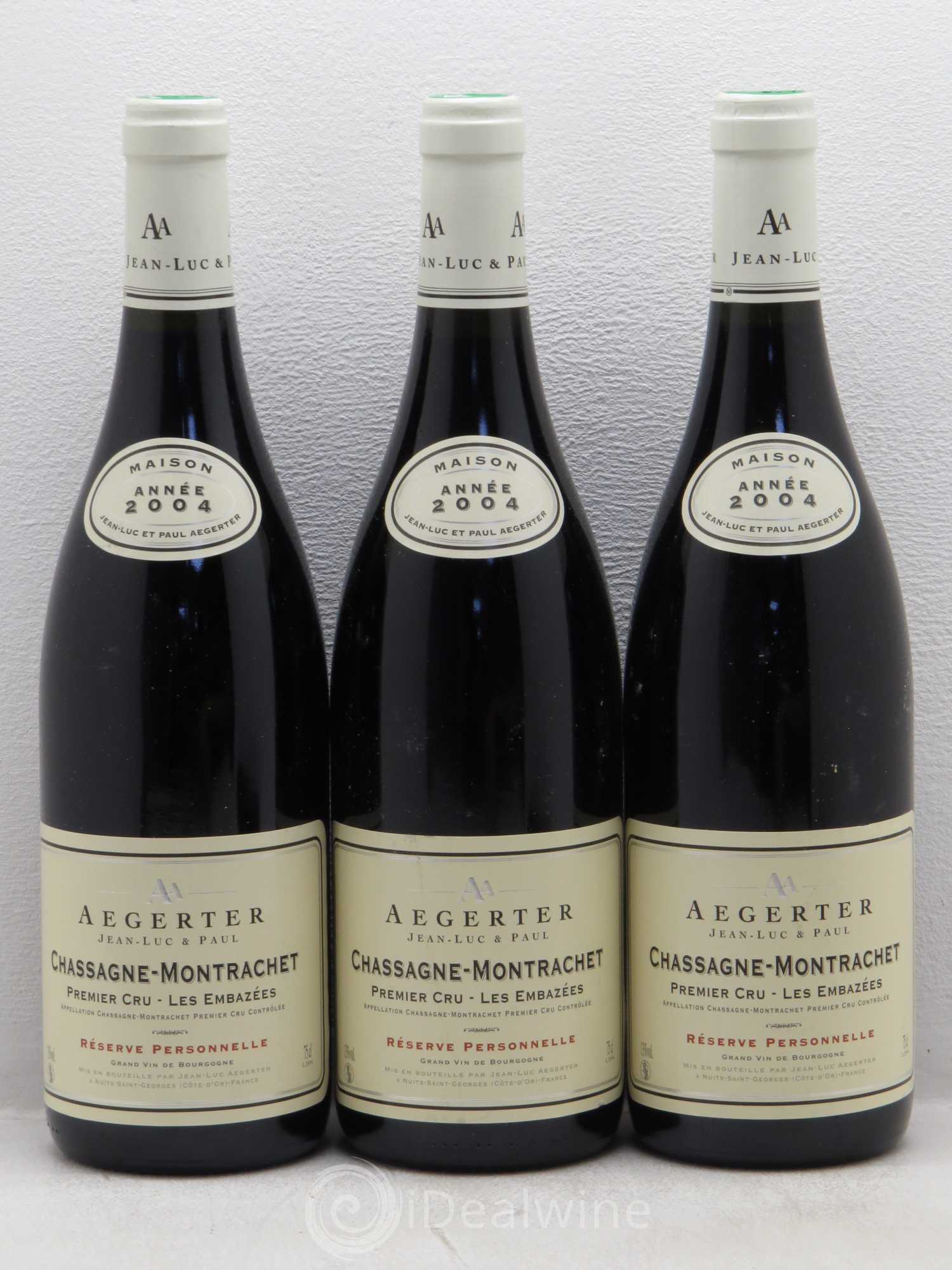 Chassagne-Montrachet 1er Cru Aegerter Les Embazees réserve personnelle 2004 - Posten von 6 Flaschen - 2