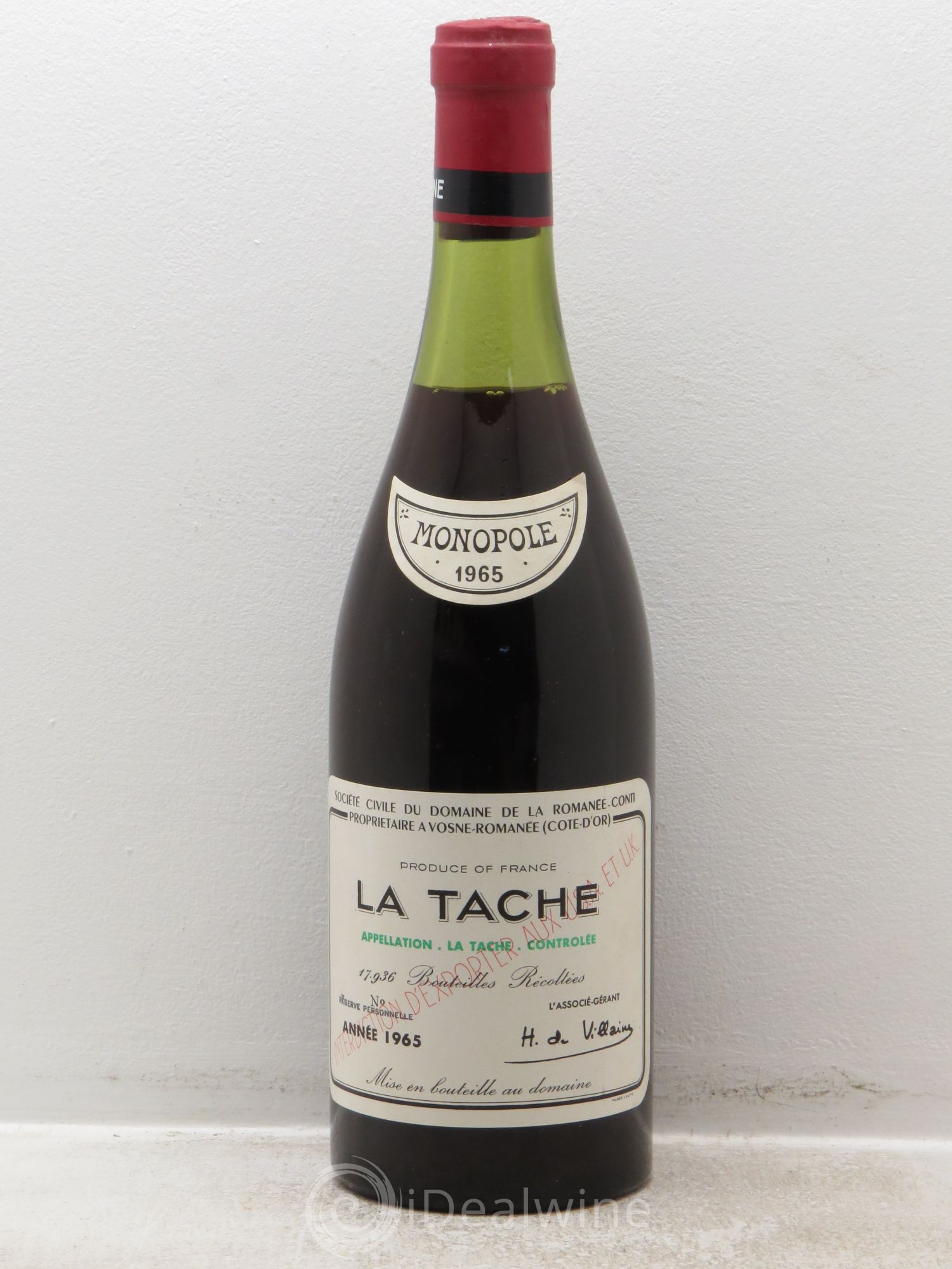 La Tâche Grand Cru Domaine de la Romanée-Conti 1965 - Lot de 1 bouteille - 0