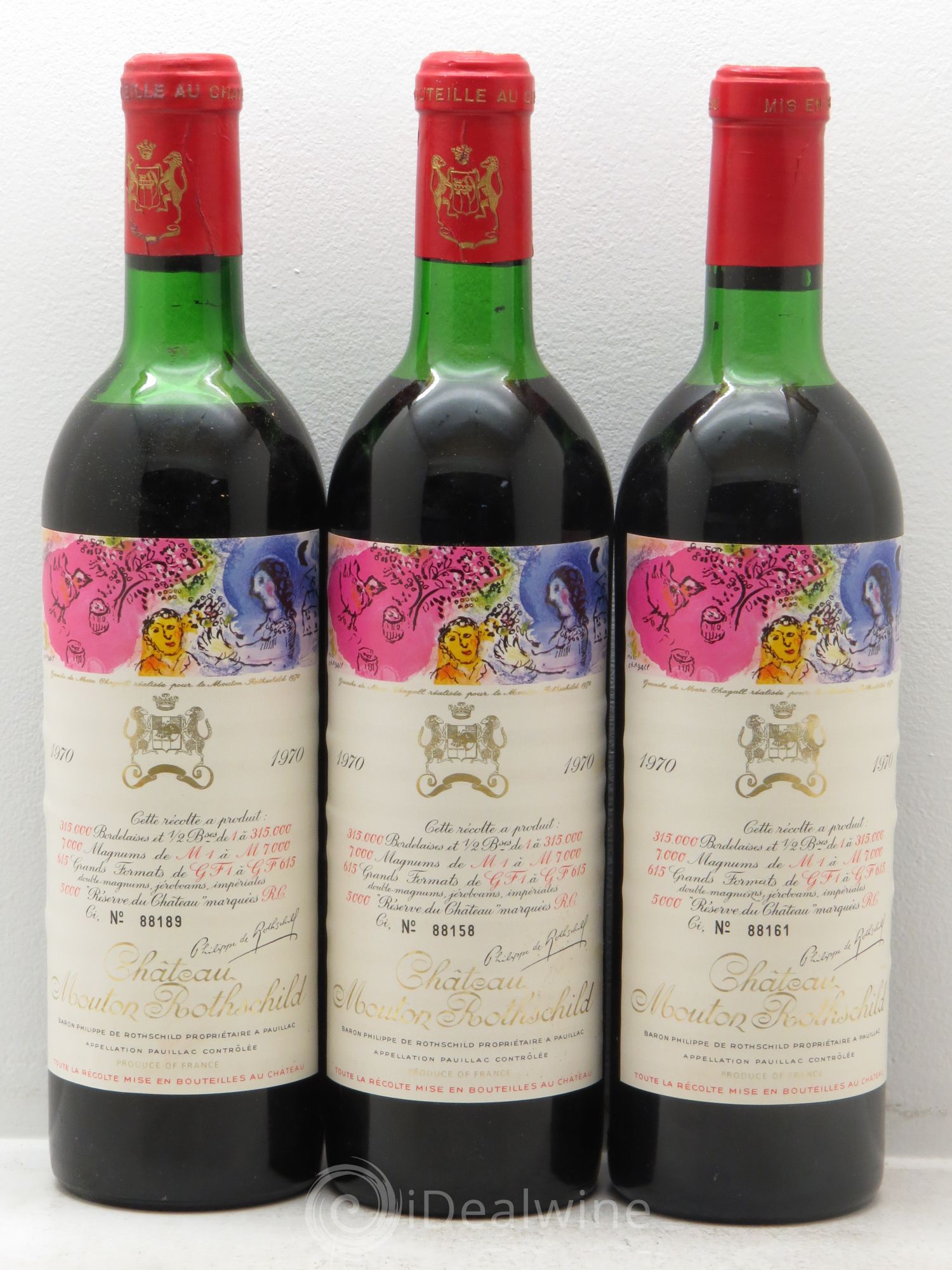 Château Mouton Rothschild 1er Grand Cru Classé 1970 - Lot de 3 bouteilles - 0