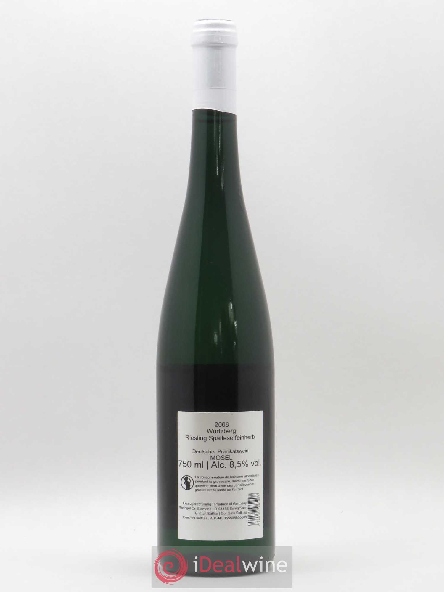 Allemagne Mosel-Saar Würtzberg Riesling Spatlese Feinherb Dr. Siemens 2008 - Posten von 1 Flasche - 1