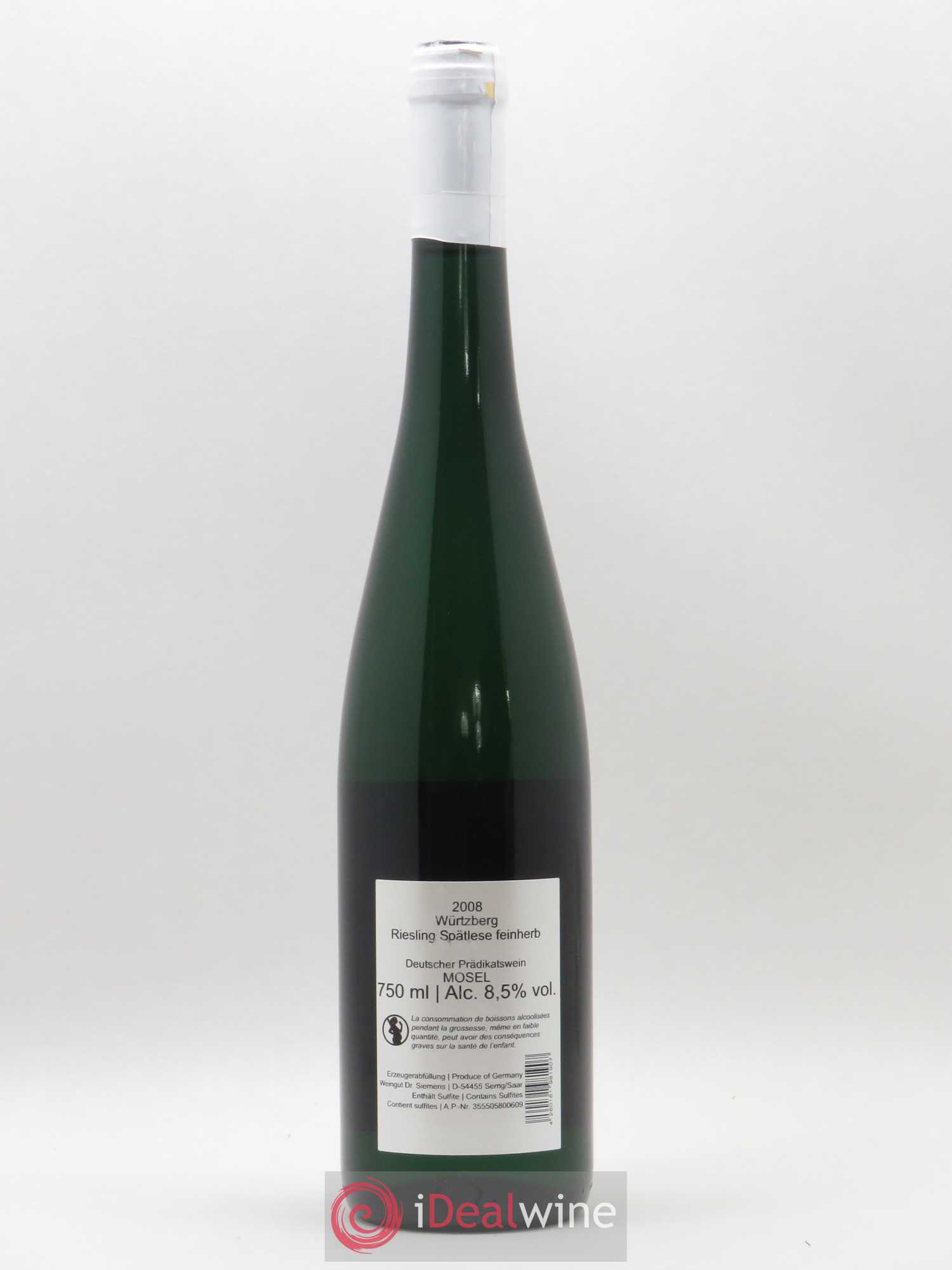 Allemagne Mosel-Saar Würtzberg Riesling Spatlese Feinherb Dr. Siemens 2008 - Posten von 1 Flasche - 1