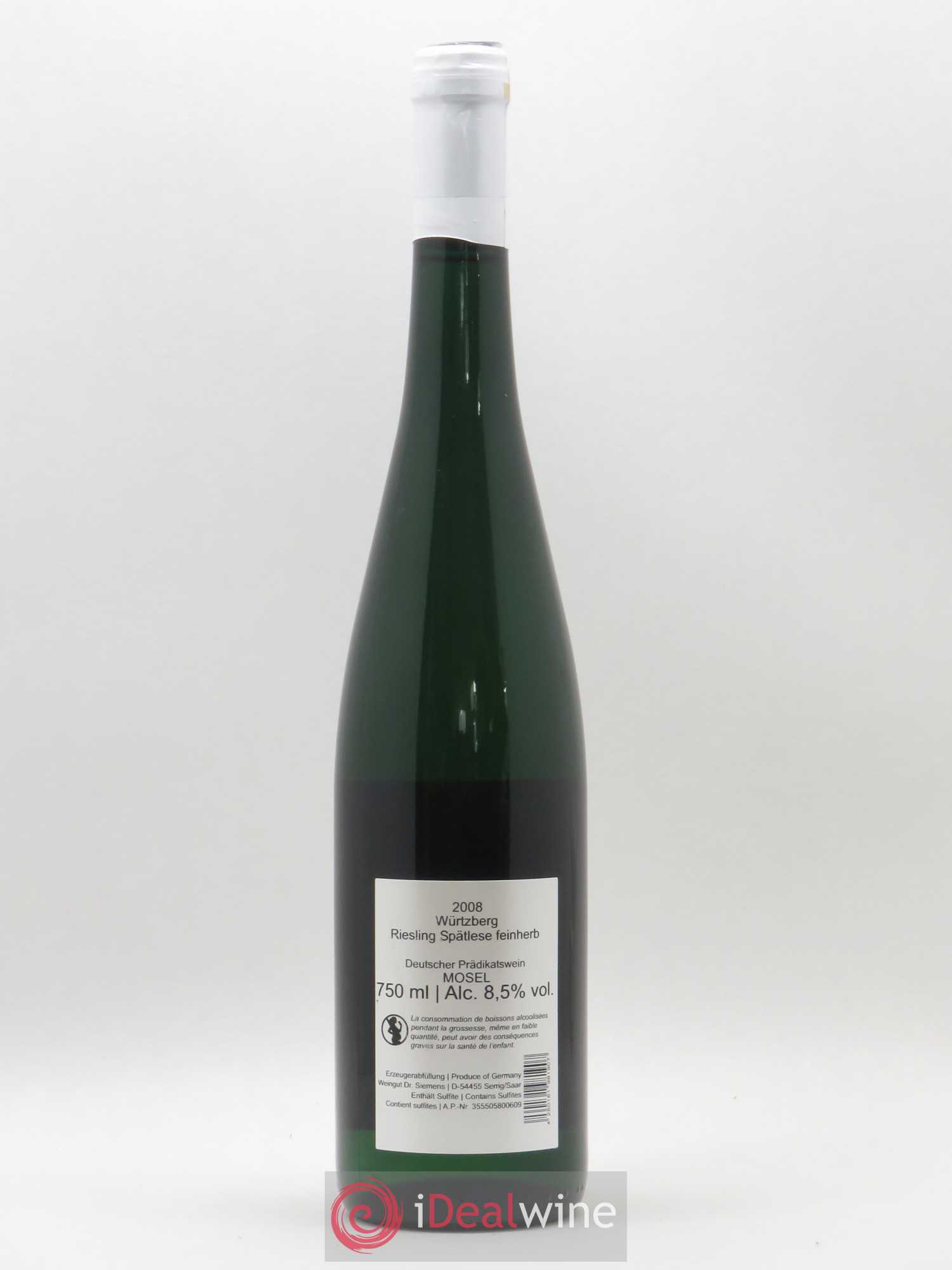 Allemagne Mosel-Saar Würtzberg Riesling Spatlese Feinherb Dr. Siemens 2008 - Posten von 1 Flasche - 1