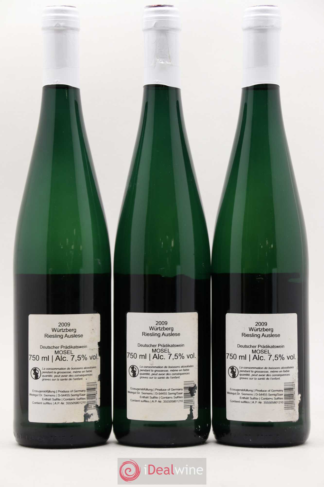 Allemagne Mosel-Saar Dr Siemens Riesling Auslese Wurtzberg 2009 - Posten von 3 Flaschen - 1