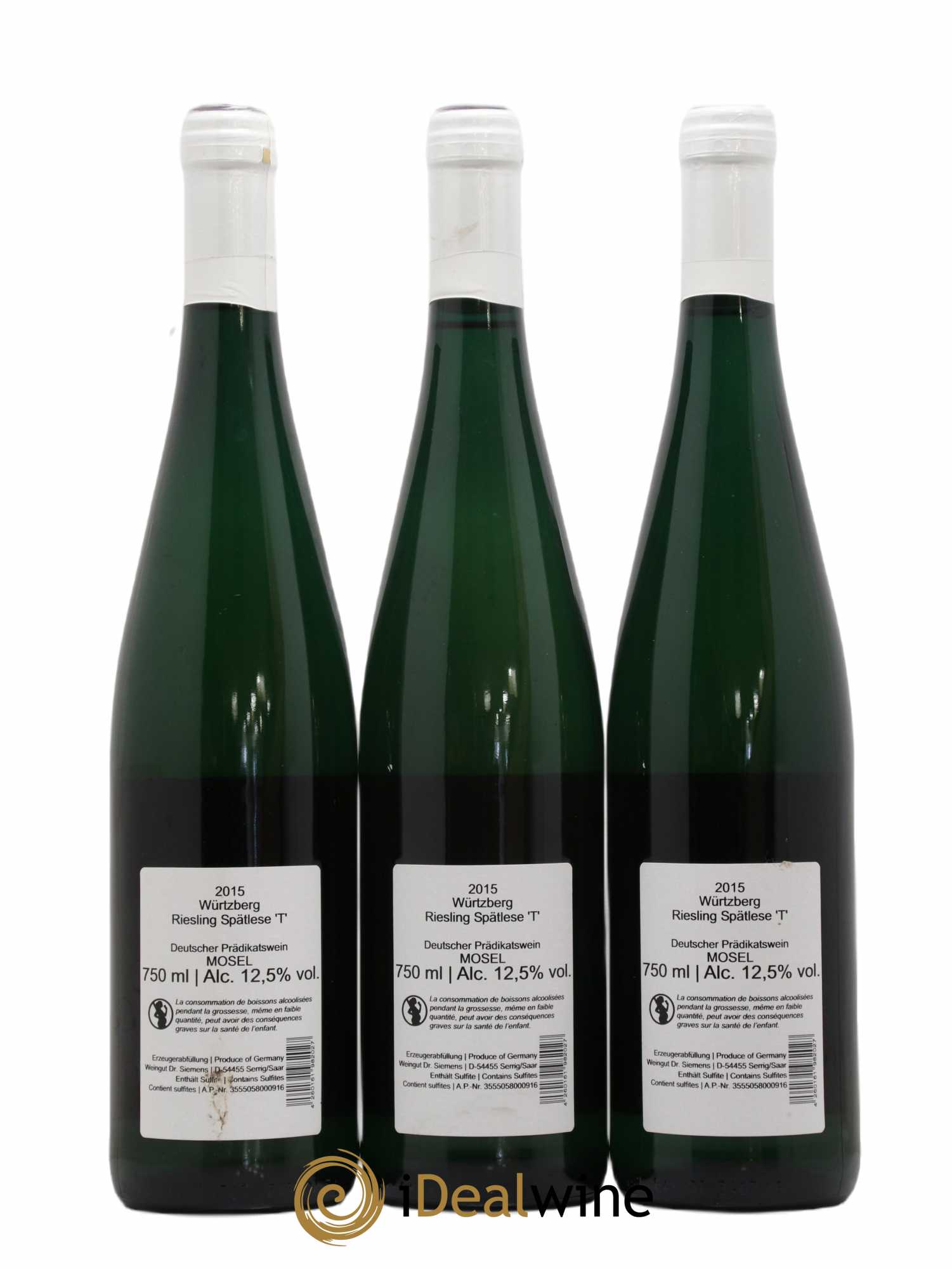 Allemagne Mosel-Saar Wurtzberg Riesling Spatlese T Dr Siemens 2015 - Lot de 3 bouteilles - 1
