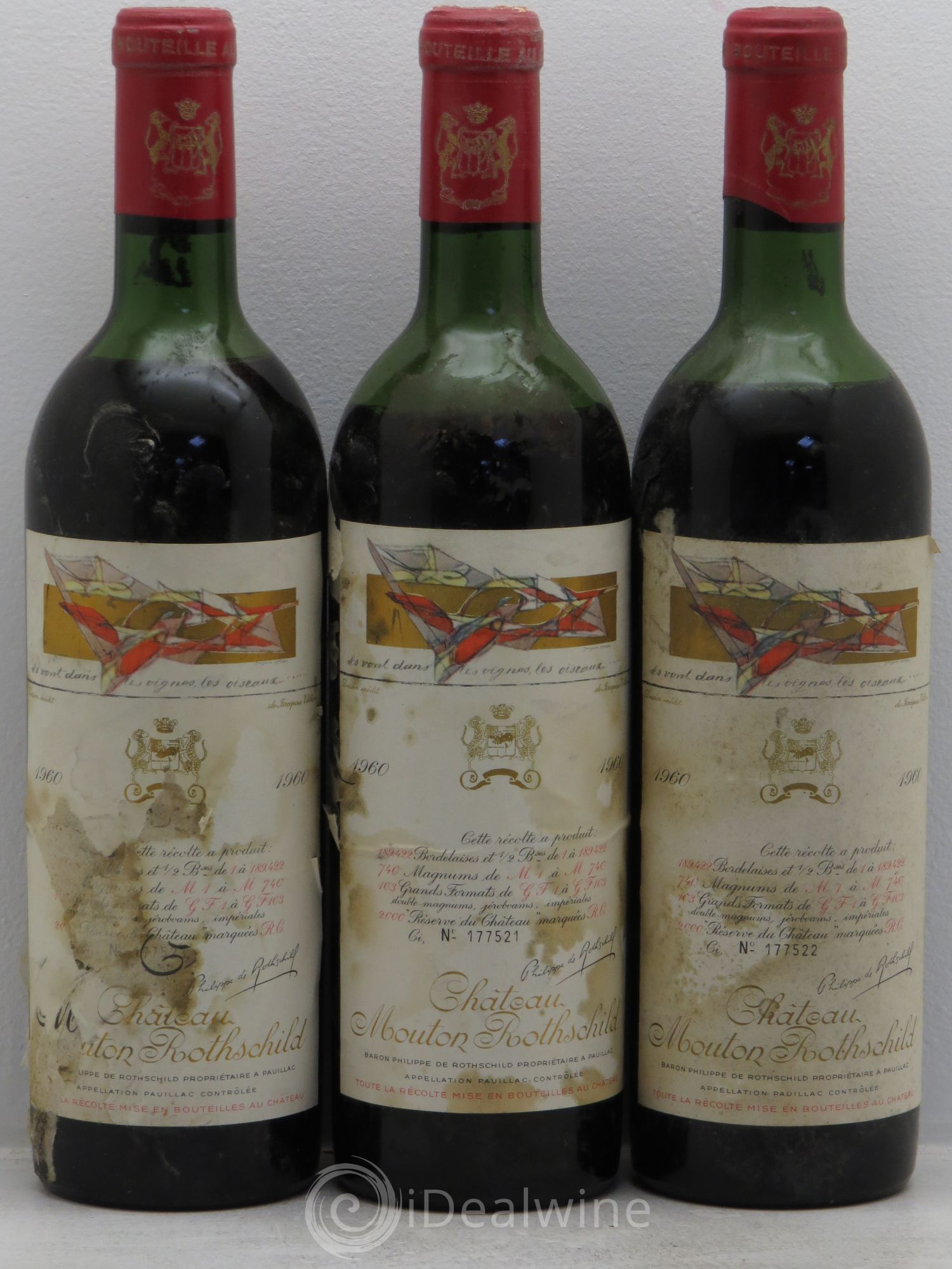 Château Mouton Rothschild 1er Grand Cru Classé (sans prix de réserve) 1960 - Lot de 3 bouteilles - 0