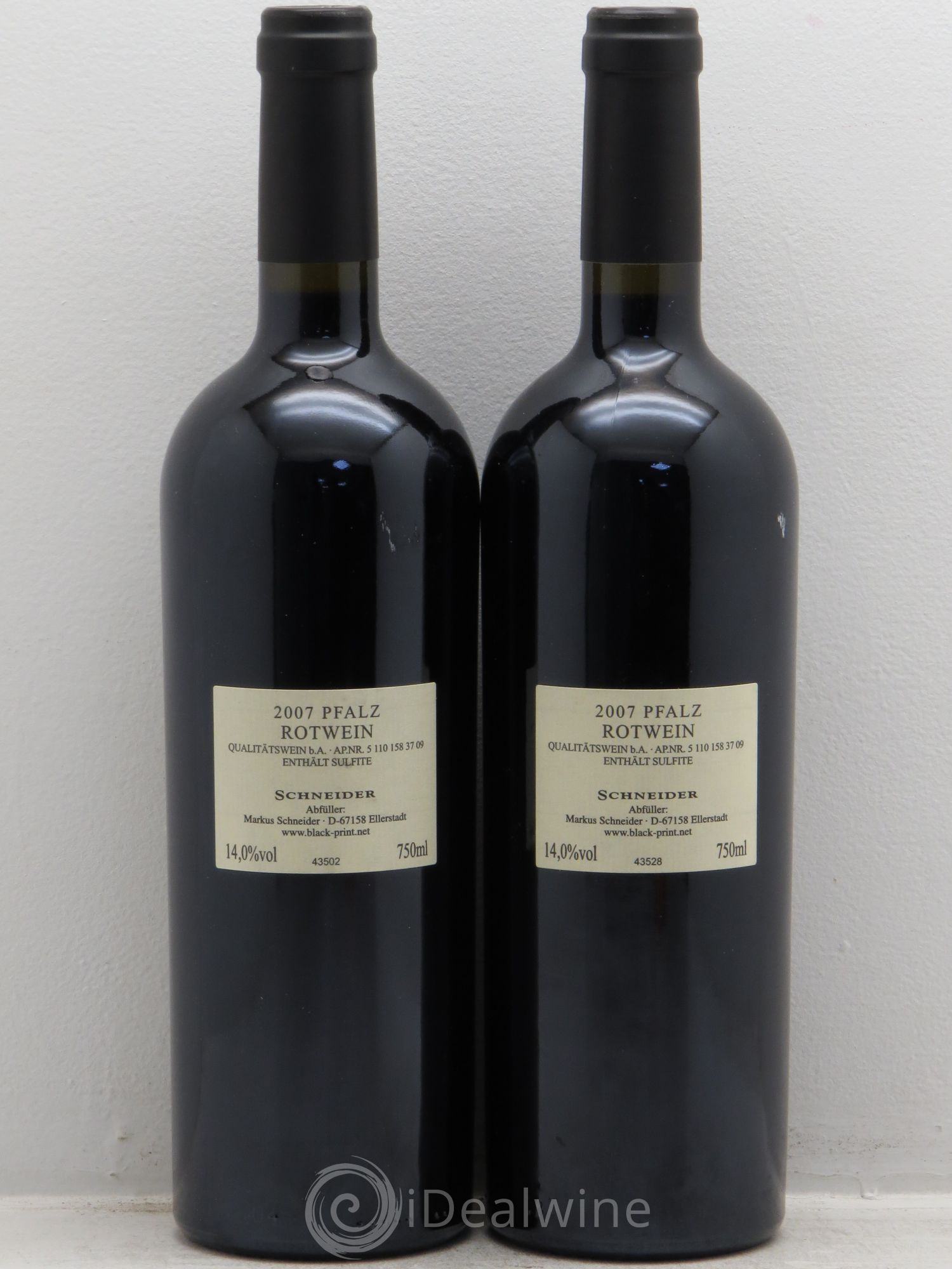 Allemagne schneider einzelstueck .pfalz rotwein 2007 - Posten von 2 Flaschen - 1