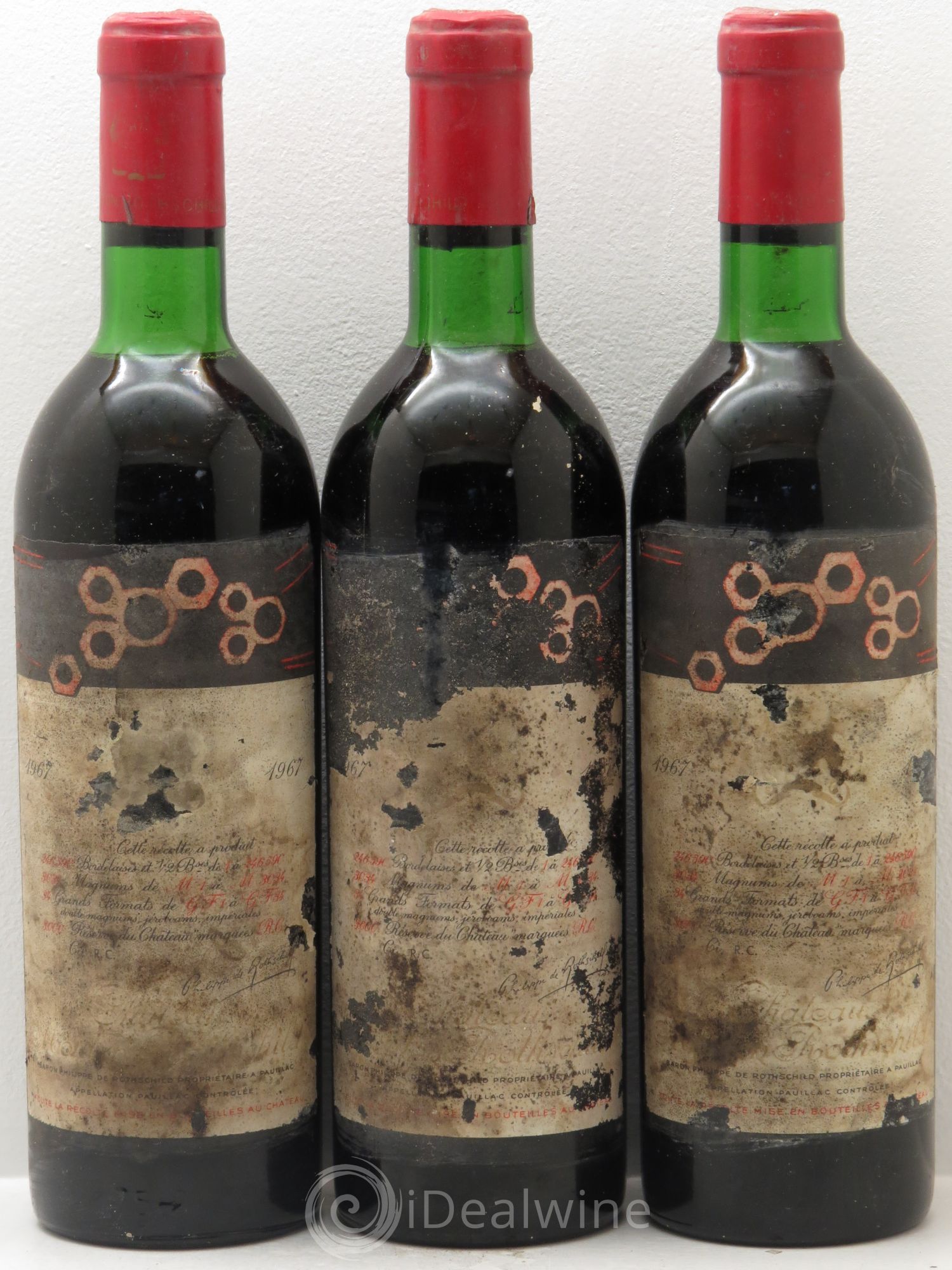 Château Mouton Rothschild 1er Grand Cru Classé 1967 - Lot de 3 bouteilles - 0