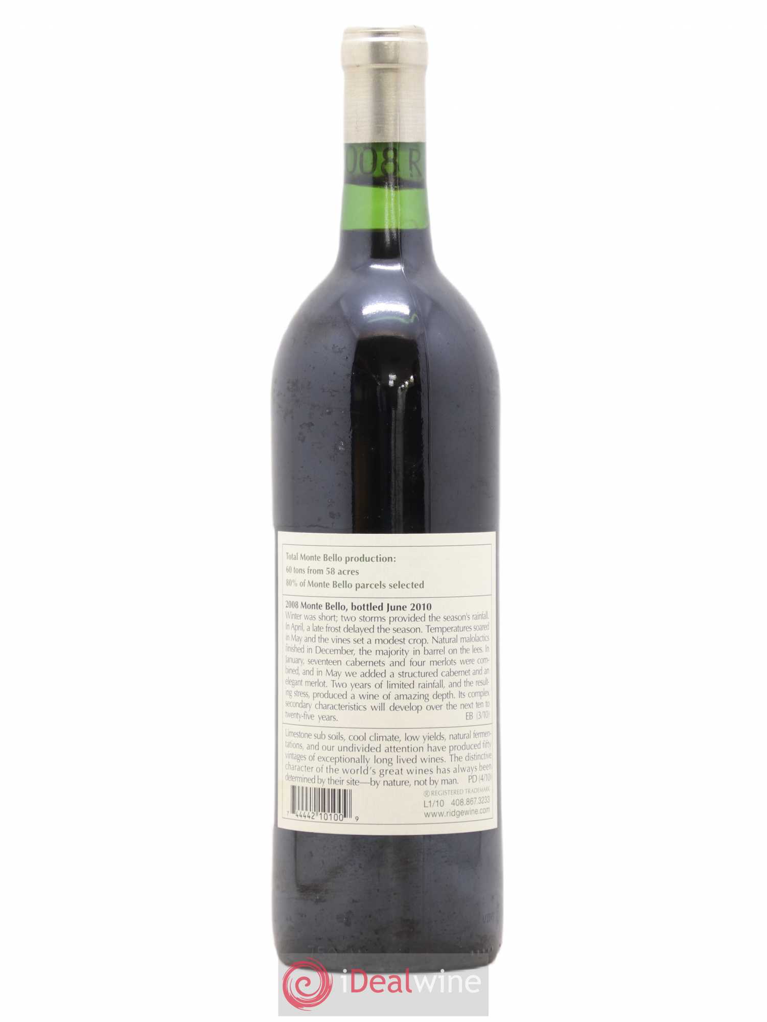 Santa Cruz Mountains Monte Bello Ridge Vineyards 2008 - Lot de 1 bouteille - 1