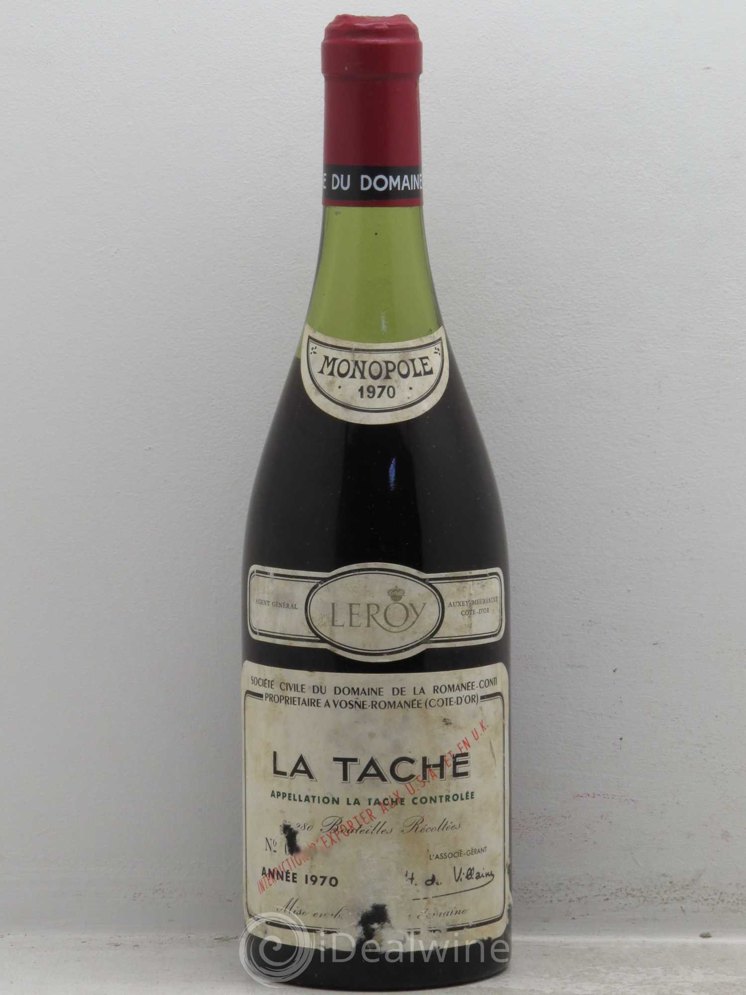 La Tâche Grand Cru Domaine de la Romanée-Conti 1970 - Lot de 1 bouteille - 0