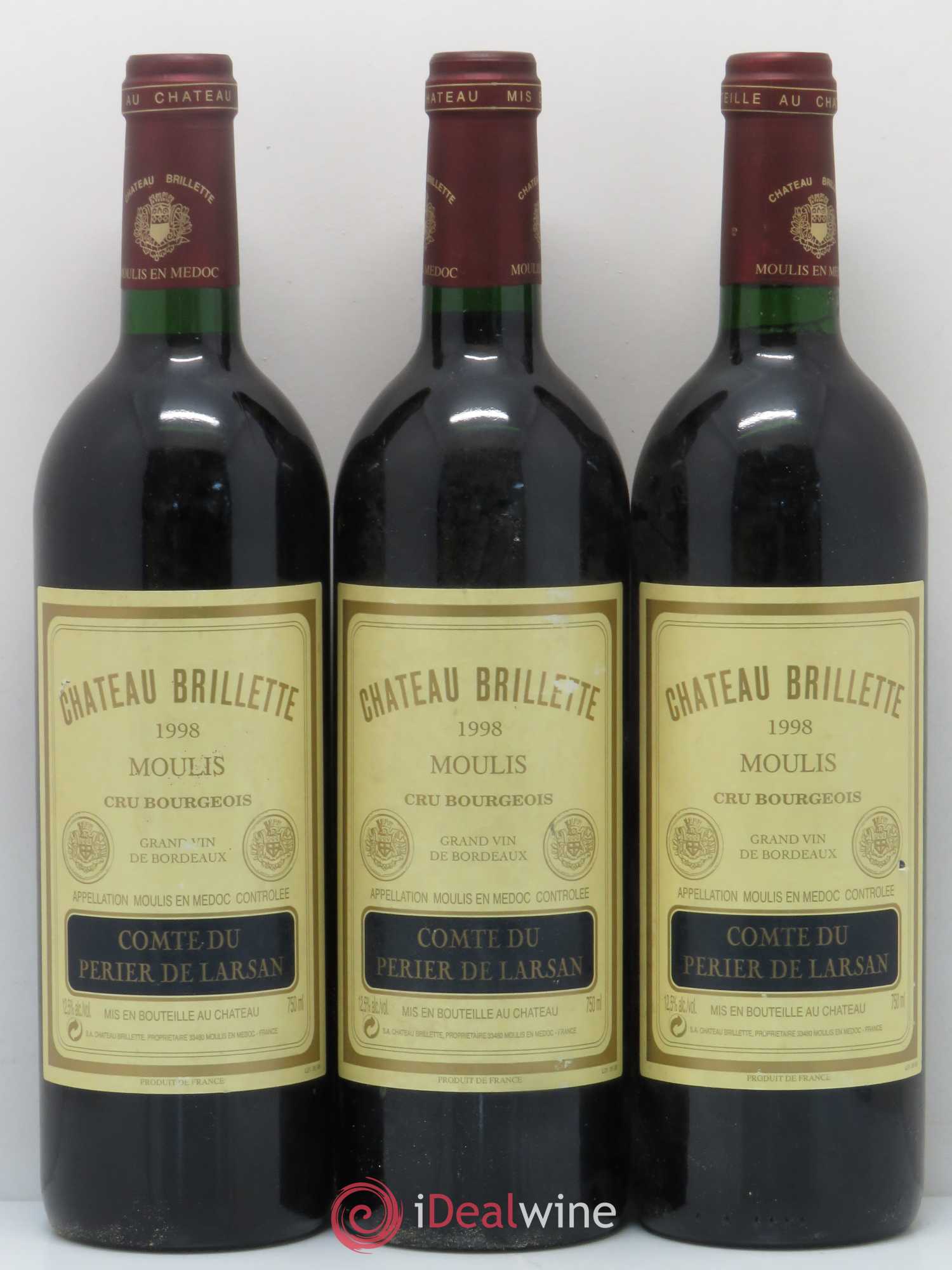 Château Brillette Cru Bourgeois 1998 - Lot de 3 bouteilles - 0