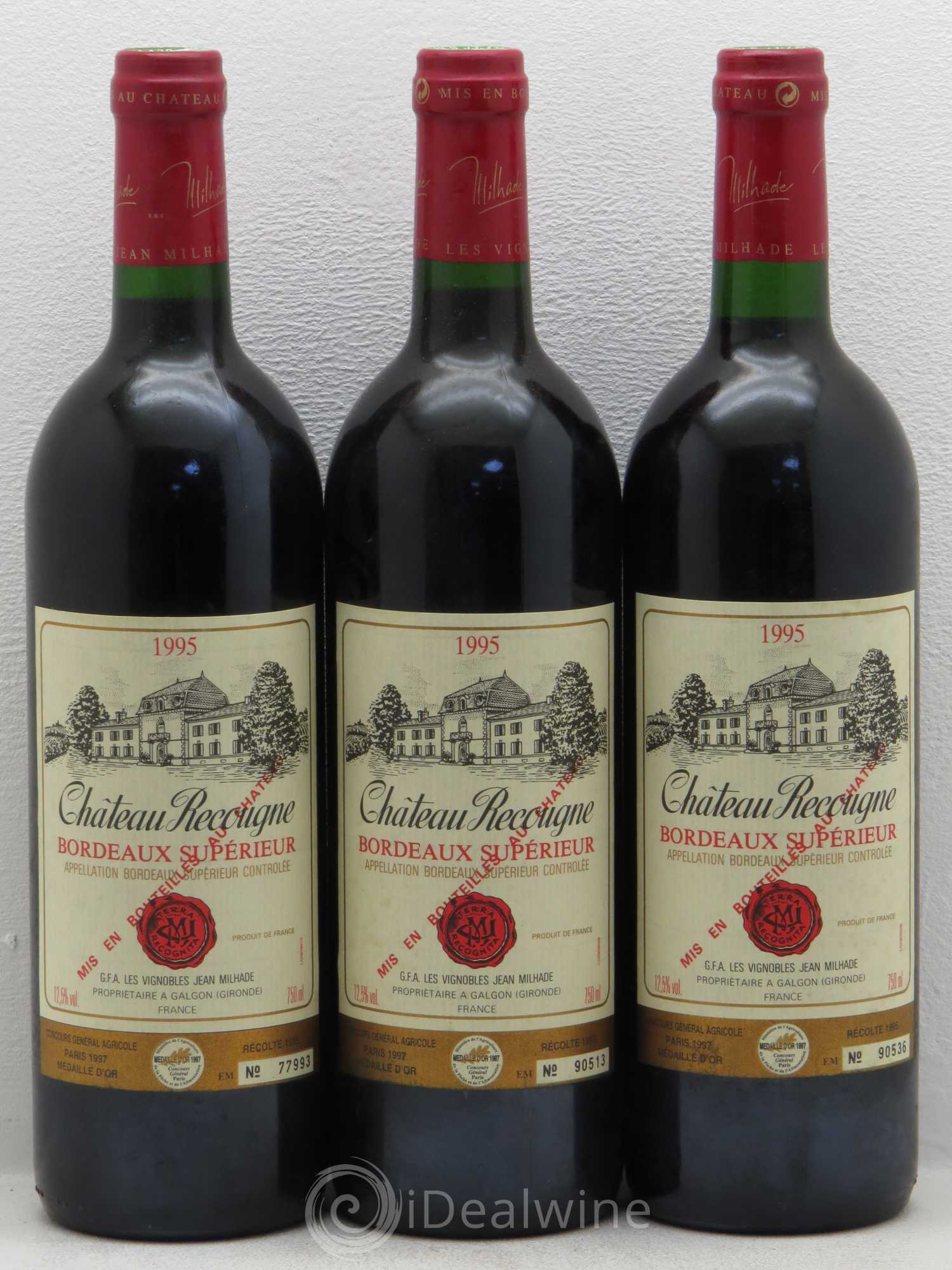 Château Recougne 1995 - Lot de 3 bouteilles - 0