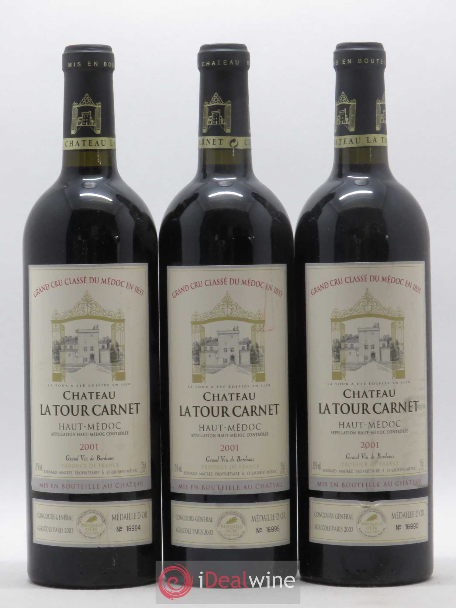 Château la Tour Carnet 4ème Grand Cru Classé 2001 - Lot de 3 bouteilles - 0