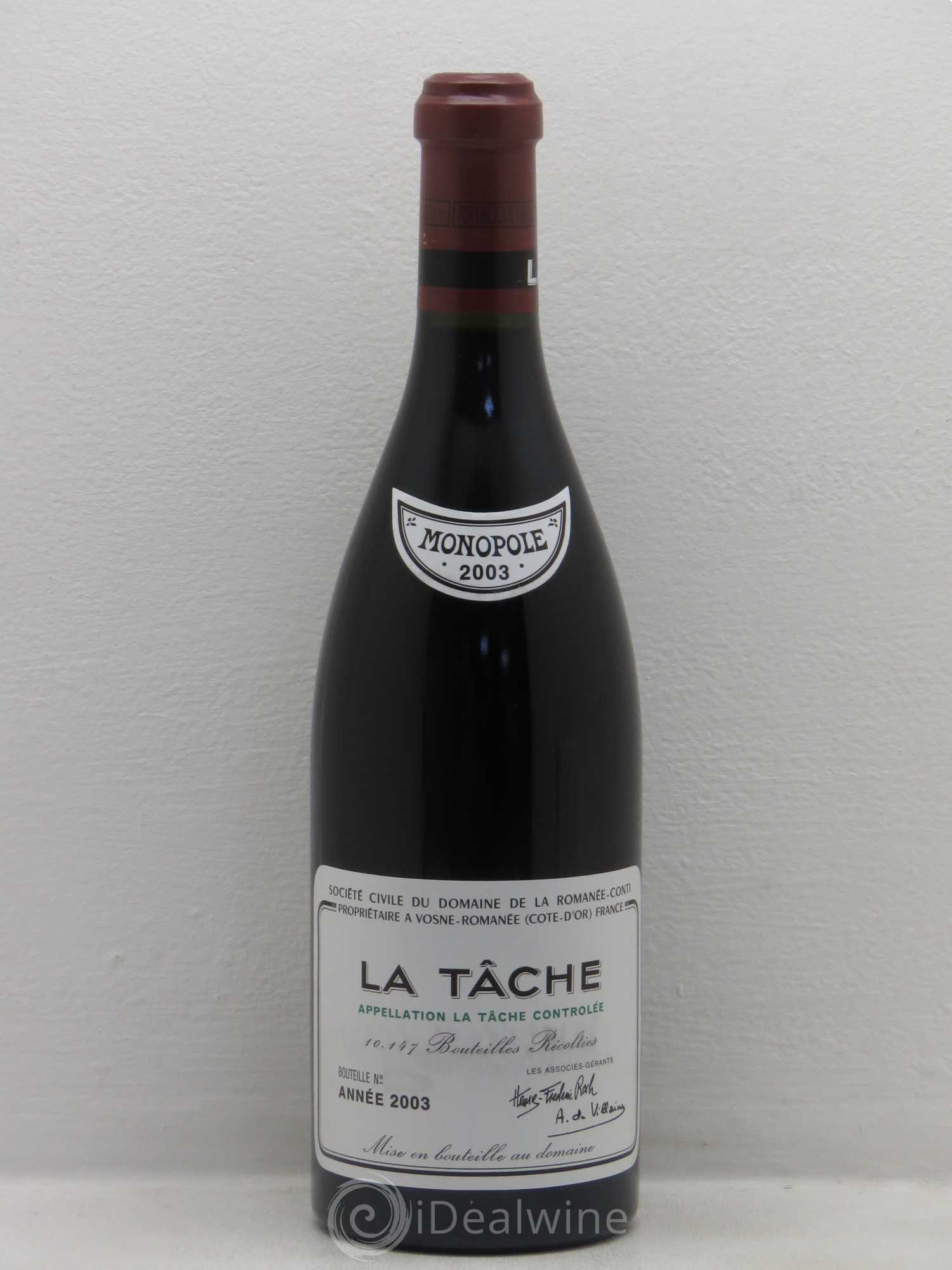La Tâche Grand Cru Domaine de la Romanée-Conti Contre étiquette exportation Italie 2003 - Posten von 1 Flasche - 0