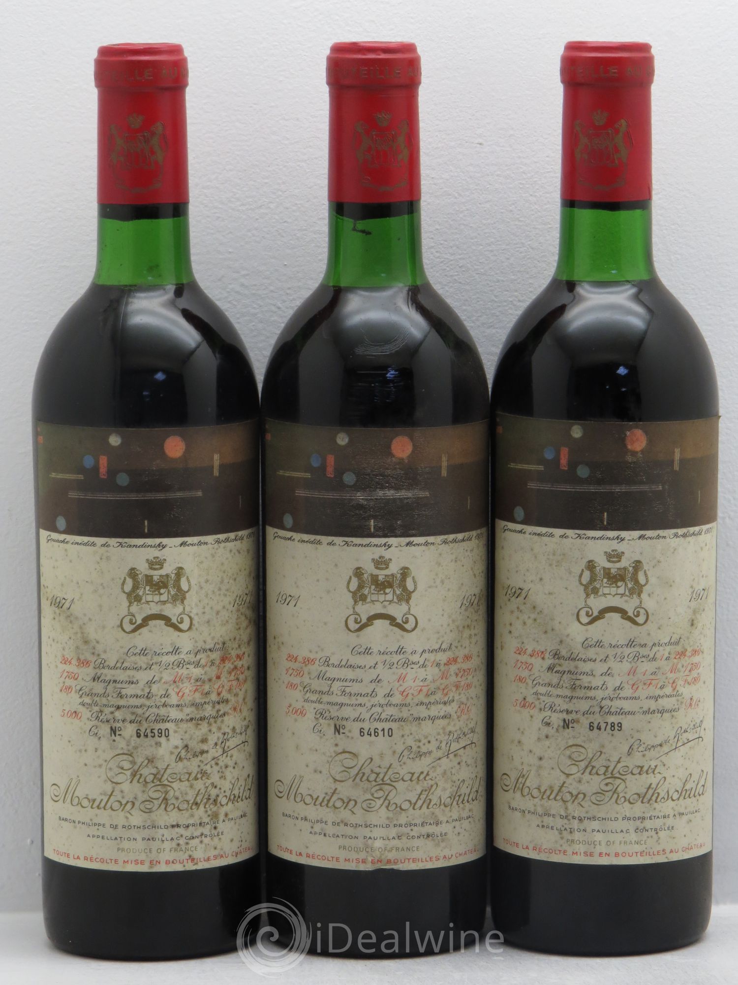 Château Mouton Rothschild 1er Grand Cru Classé 1971 - Lot de 3 bouteilles - 0