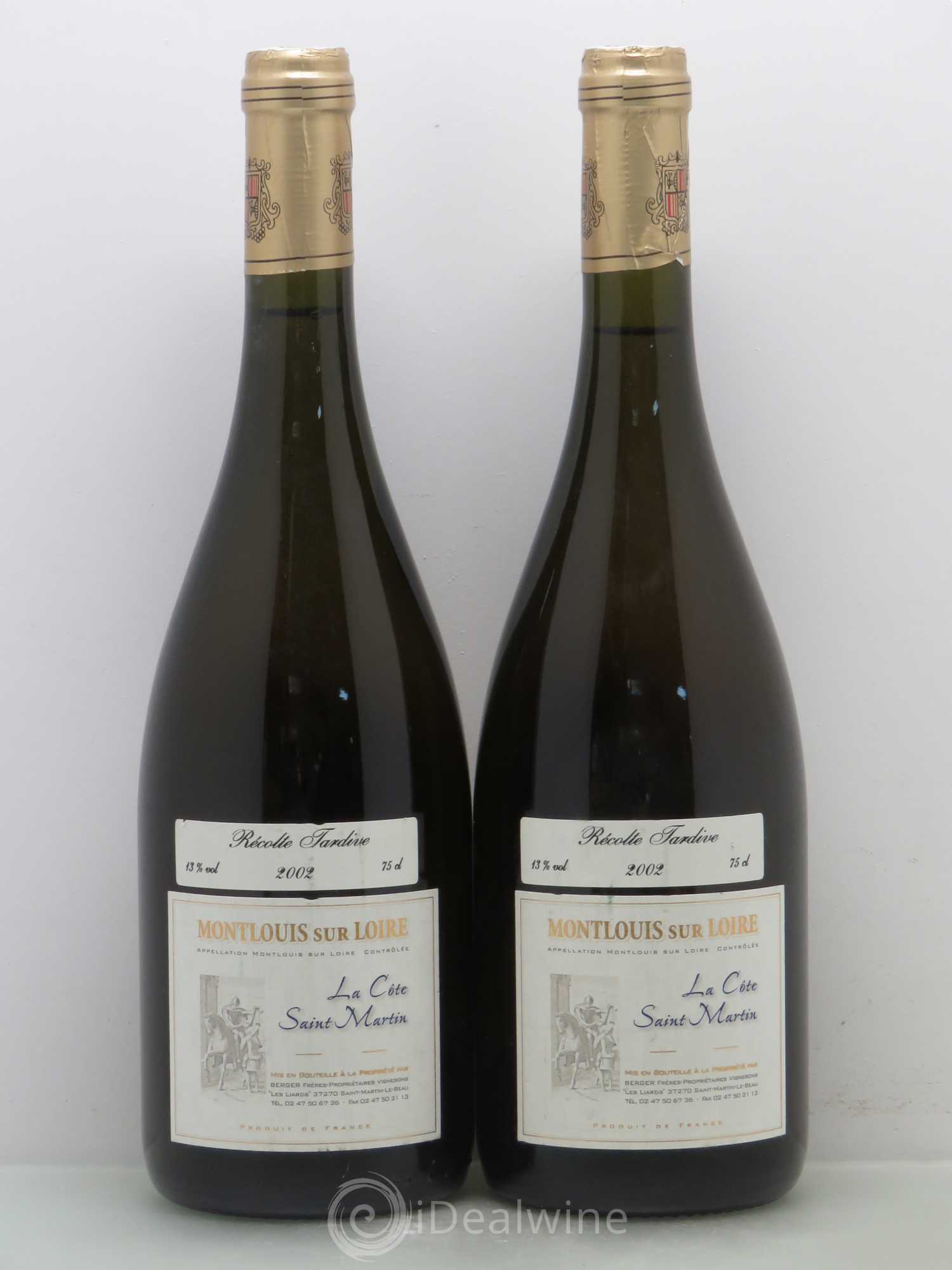 Montlouis-sur-Loire Recolte Tardives La Côte Saint Martin Michel Et Laurent Berger (sans prix de réserve) 2002 - Posten von 2 Flaschen - 0