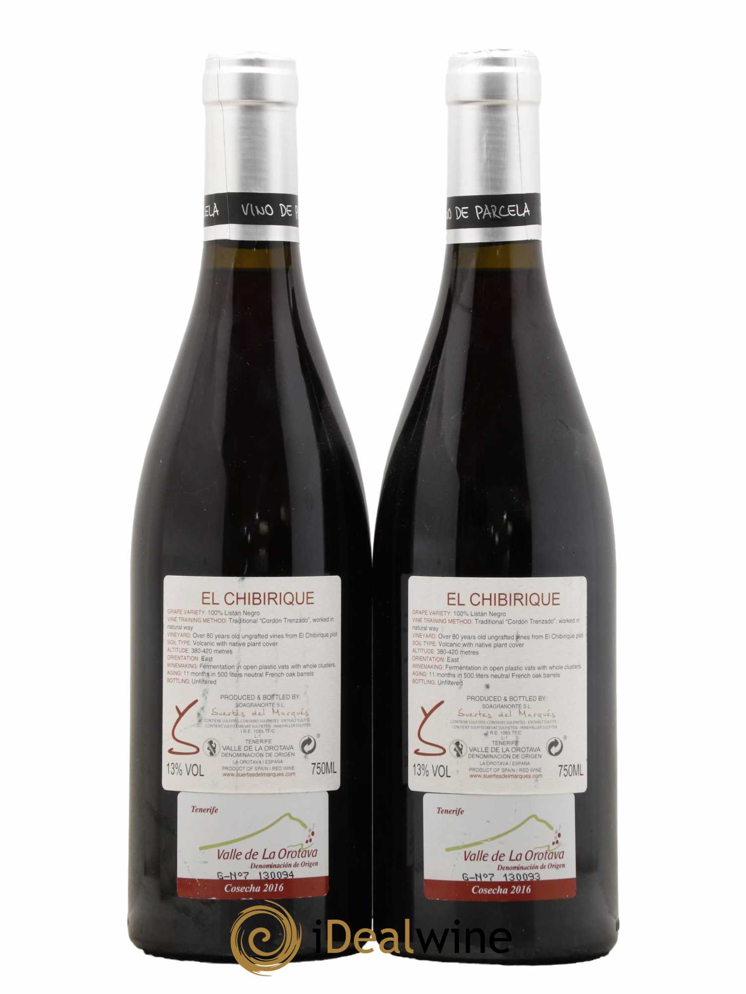 Espagne Valle De La Orotava El Chibirique Suertes Del Marques  2016 - Lot de 2 bouteilles - 1