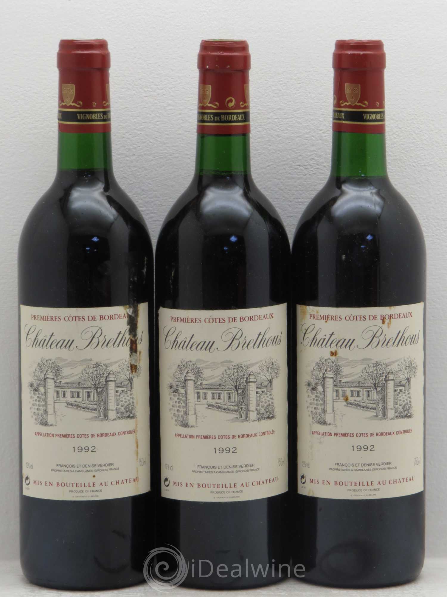 Premières-Côtes-de-Blaye (Blaye-Côtes-de-Bordeaux) Brethous 1992 - Lot de 3 bouteilles - 0