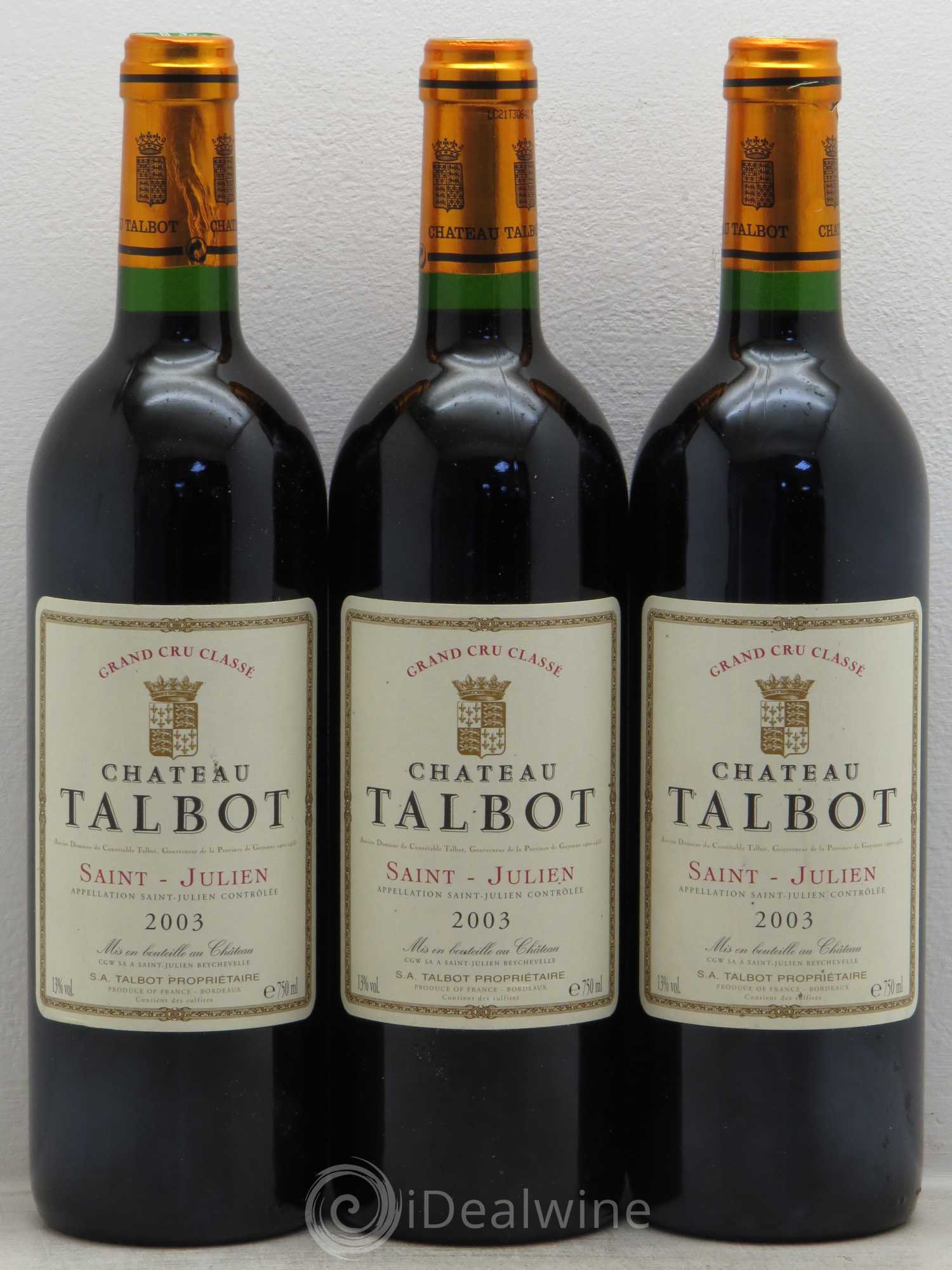 Château Talbot 4ème Grand Cru Classé 2003 - Lot de 3 bouteilles - 0