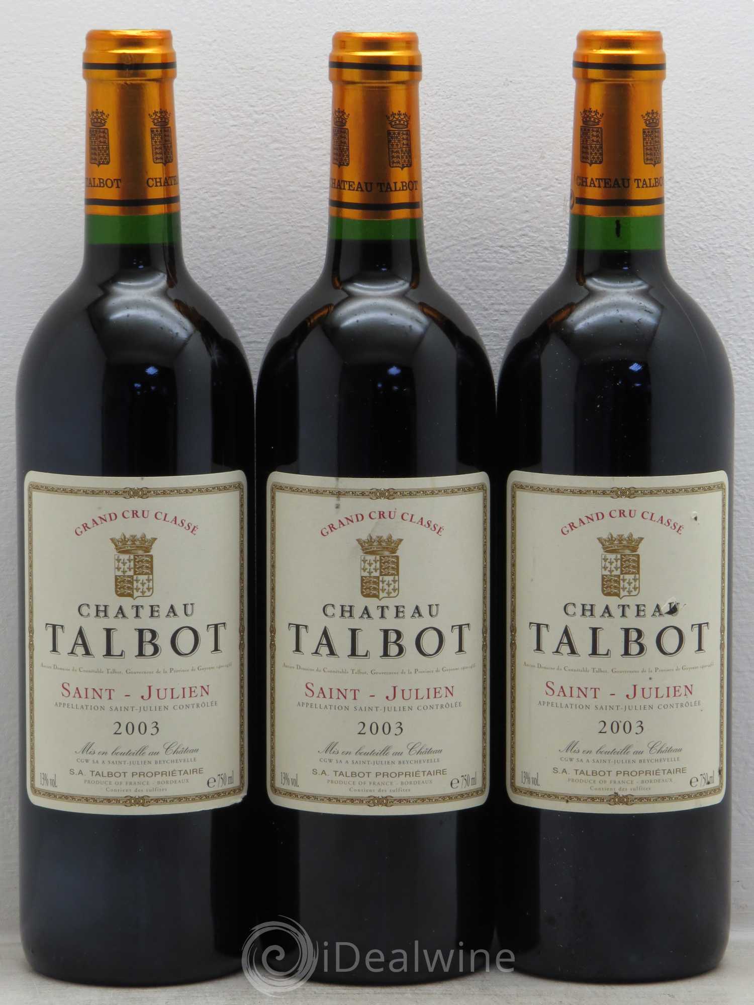 Château Talbot 4ème Grand Cru Classé 2003 - Lot de 3 bouteilles - 0