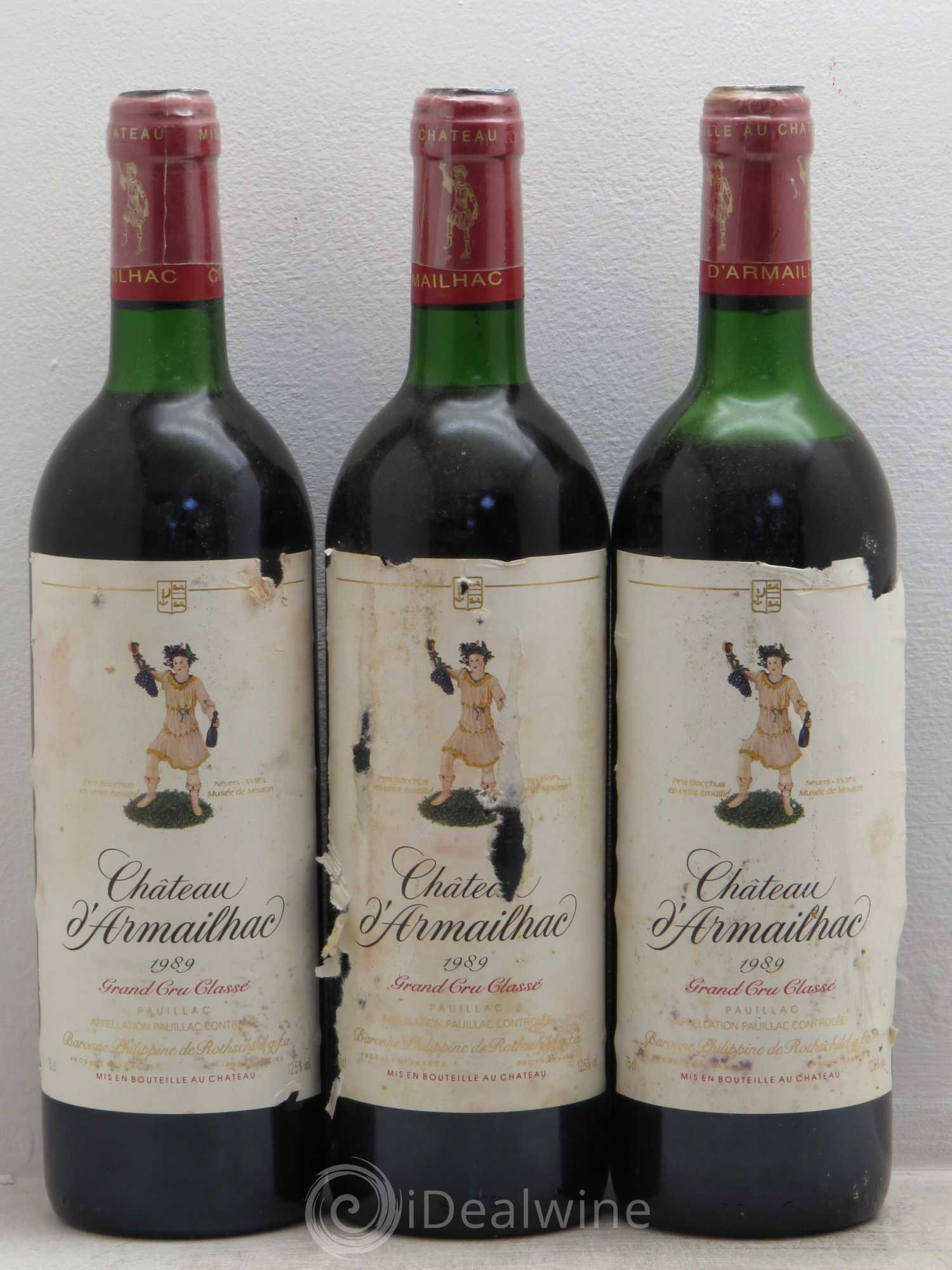 Château d' Armailhac - Mouton Baron(ne) Philippe 5ème Grand Cru Classé 1989 - Lot de 3 bouteilles - 0