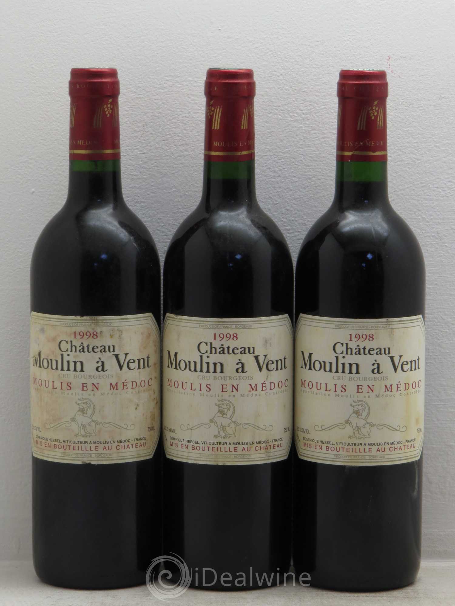 Château Moulin à Vent Cru Bourgeois 1998 - Lot de 3 bouteilles - 0