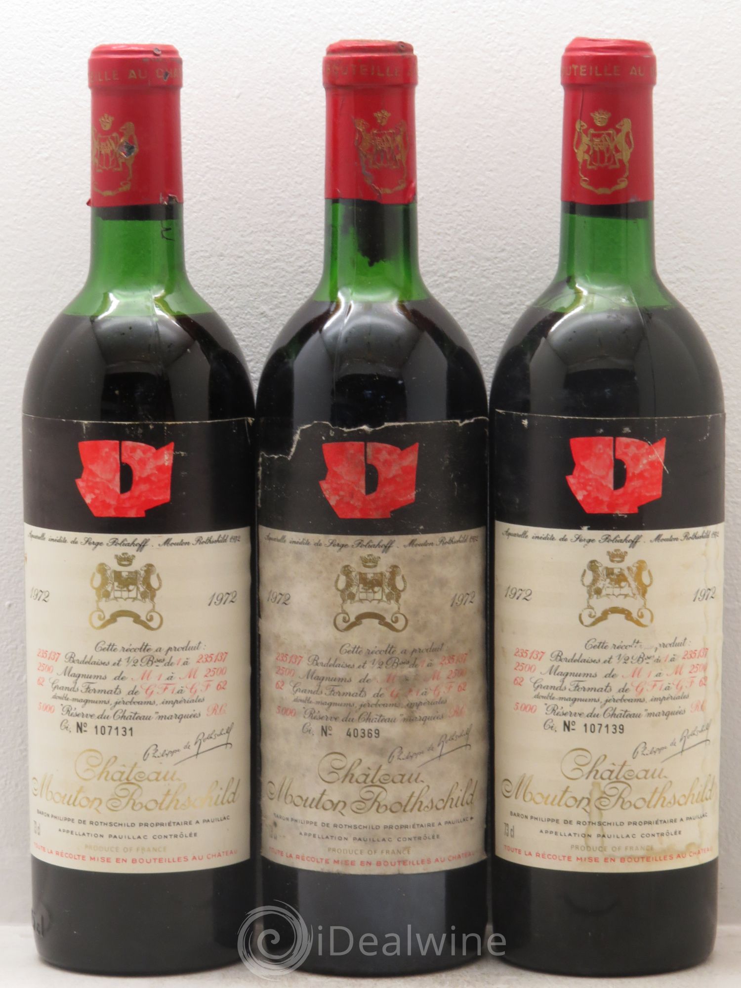 Château Mouton Rothschild 1er Grand Cru Classé 1972 - Lot de 3 bouteilles - 0