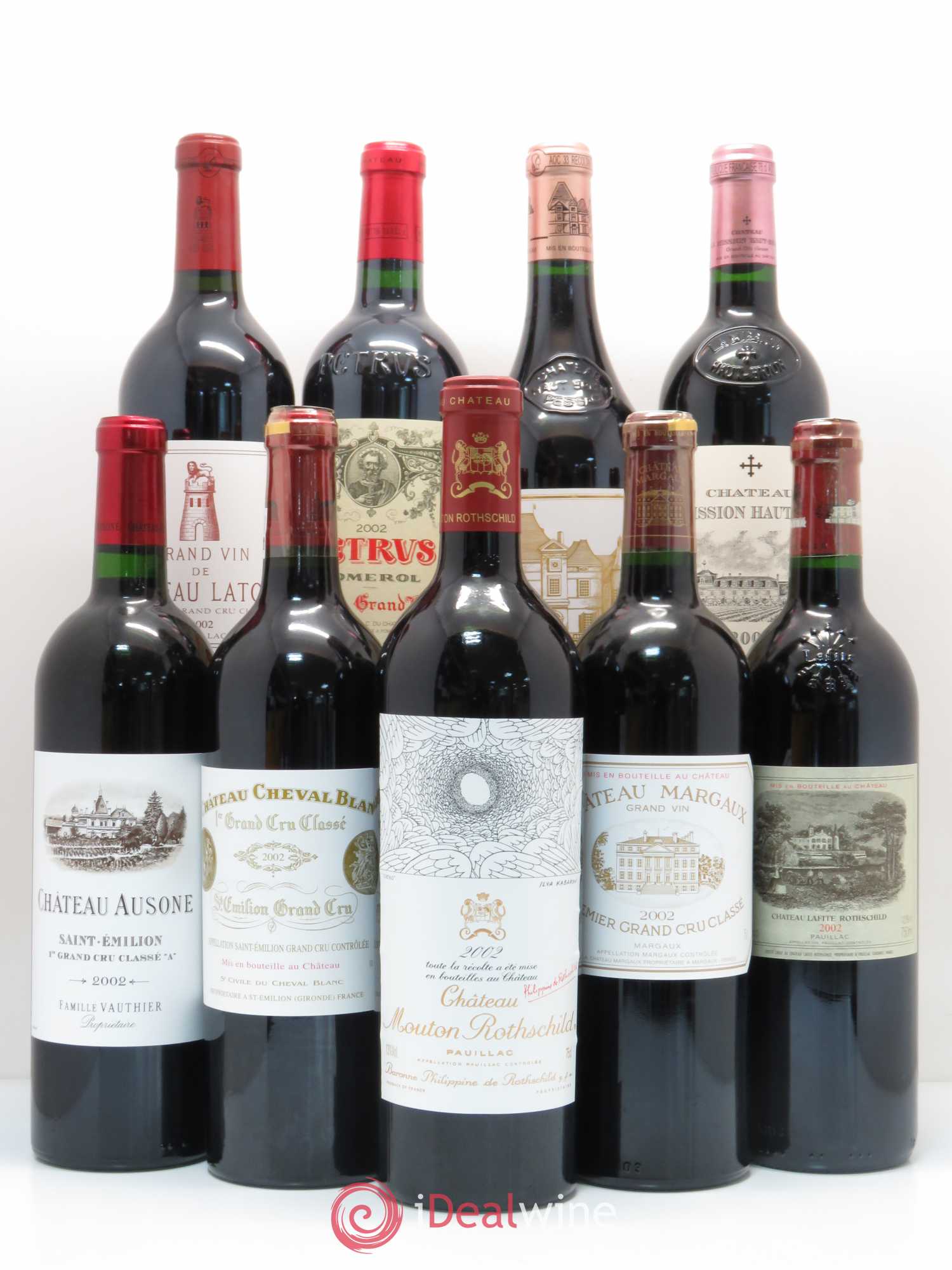 Caisse Collection Duclot 2002 1 Petrus, 1 Latour, 1 Haut Brion, 1 La Mission Haut Brion, 1 Ausone, 1 Cheval blanc, 1 Mouton Rothschild, 1 Margaux, 1 Lafite Rothschild 2002 - Posten von 9 Flaschen - 0