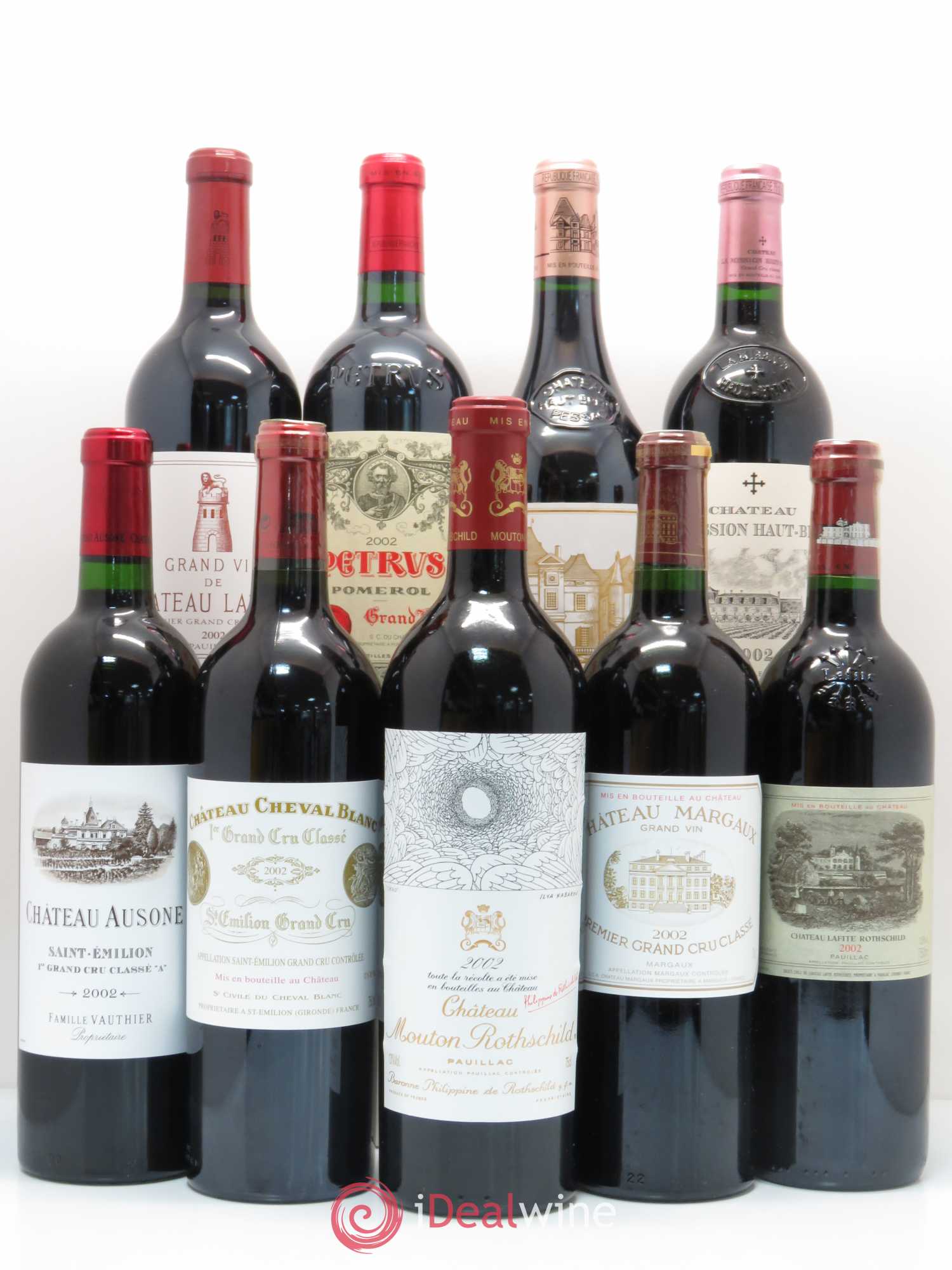 Caisse Collection Duclot 2002 1 Petrus, 1 Latour, 1 Haut Brion, 1 La Mission Haut Brion, 1 Ausone, 1 Cheval blanc, 1 Mouton Rothschild, 1 Margaux, 1 Lafite Rothschild 2002 - Posten von 9 Flaschen - 0