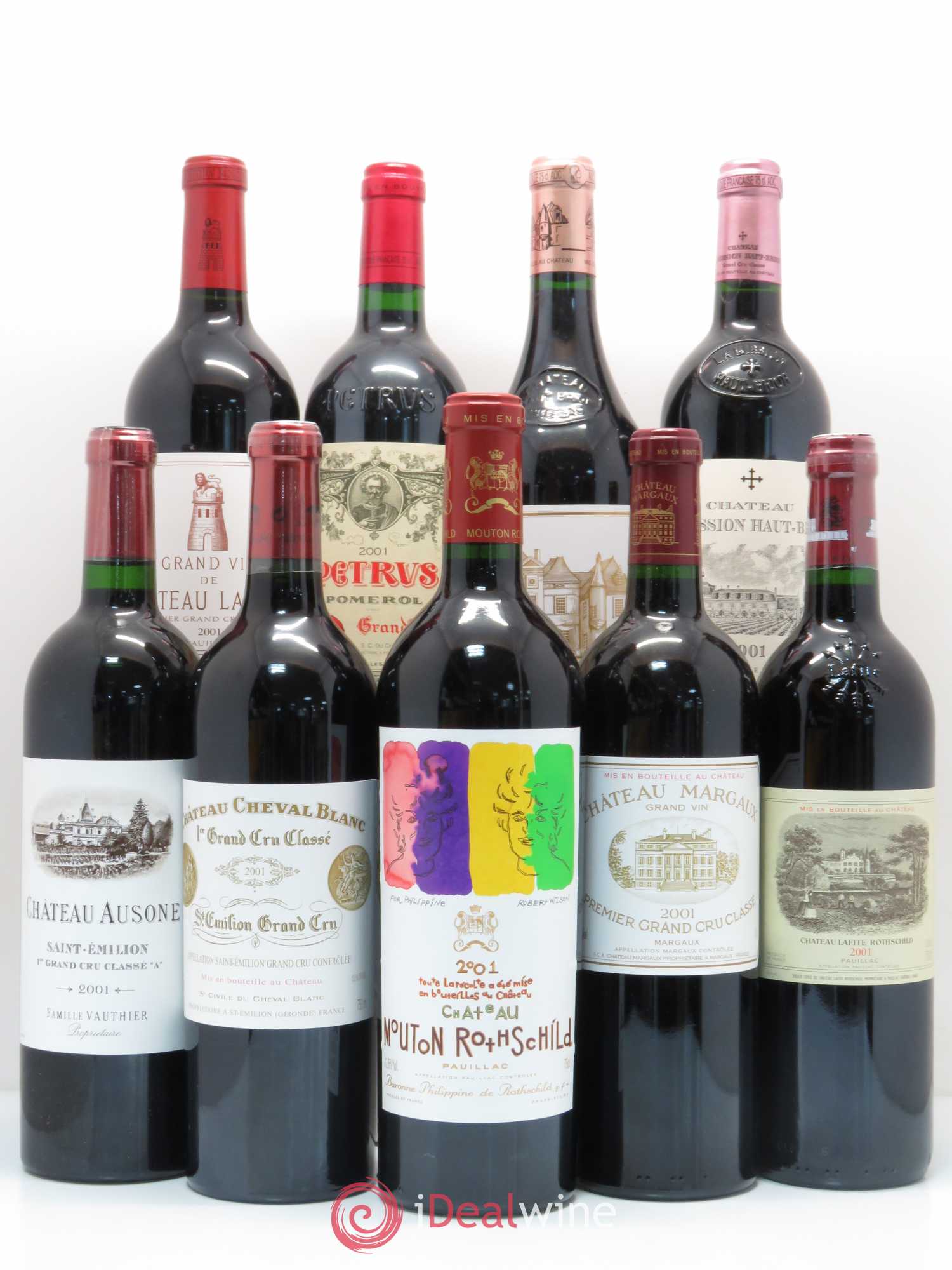 Caisse Duclot 1 Petrus, 1 Latour, 1 Haut Brion, 1 La Mission Haut Brion, 1 Ausone, 1 Cheval blanc, 1 Mouton Rothschild, 1 Margaux, 1 Lafite Rothschild 2001 - Posten von 9 Flaschen - 0