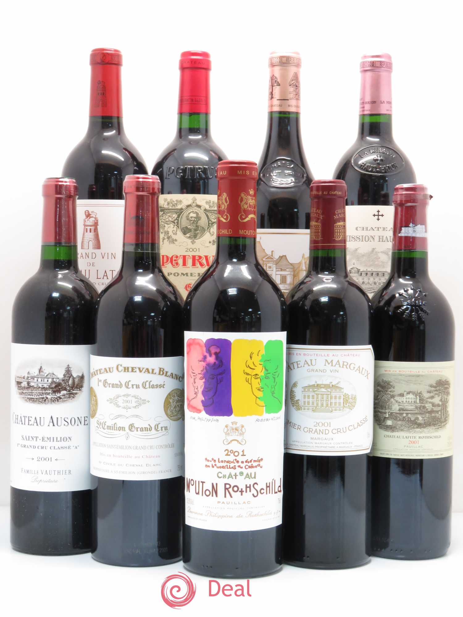Caisse Duclot 1 Petrus, 1 Latour, 1 Haut Brion, 1 La Mission Haut Brion, 1 Ausone, 1 Cheval blanc, 1 Mouton Rothschild, 1 Margaux, 1 Lafite Rothschild 2001 - Posten von 9 Flaschen - 0