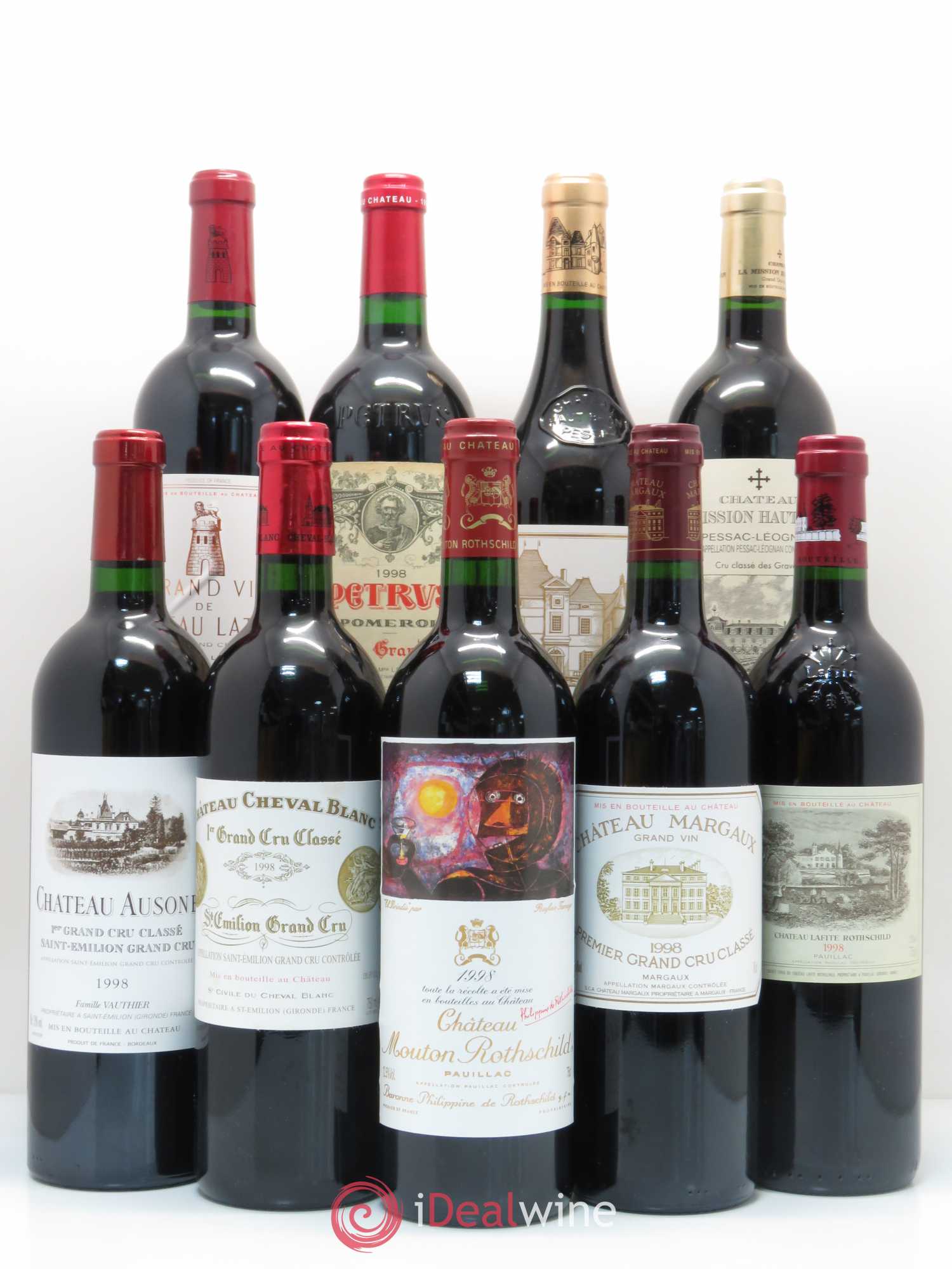 Caisse Duclot 1 Petrus, 1 Latour, 1 Haut Brion, 1 La Mission Haut Brion, 1 Ausone, 1 Cheval blanc, 1 Mouton Rothschild, 1 Margaux, 1 Lafite Rothschild 1998 - Posten von 9 Flaschen - 0