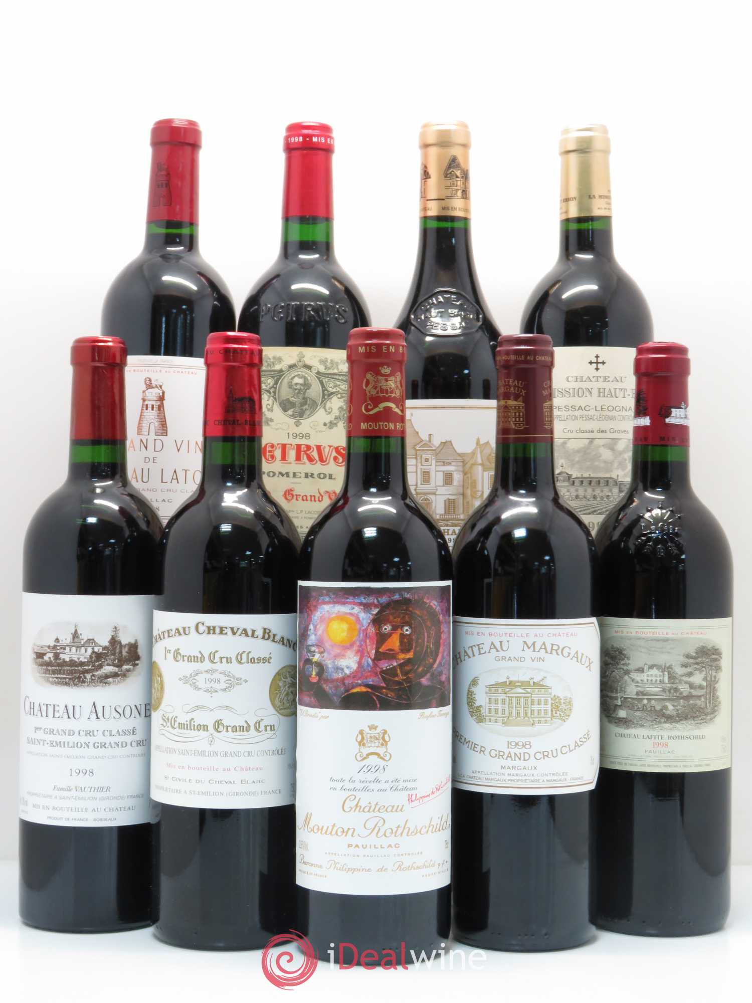 Caisse Duclot 1 Petrus, 1 Latour, 1 Haut Brion, 1 La Mission Haut Brion, 1 Ausone, 1 Cheval blanc, 1 Mouton Rothschild, 1 Margaux, 1 Lafite Rothschild 1998 - Posten von 9 Flaschen - 0