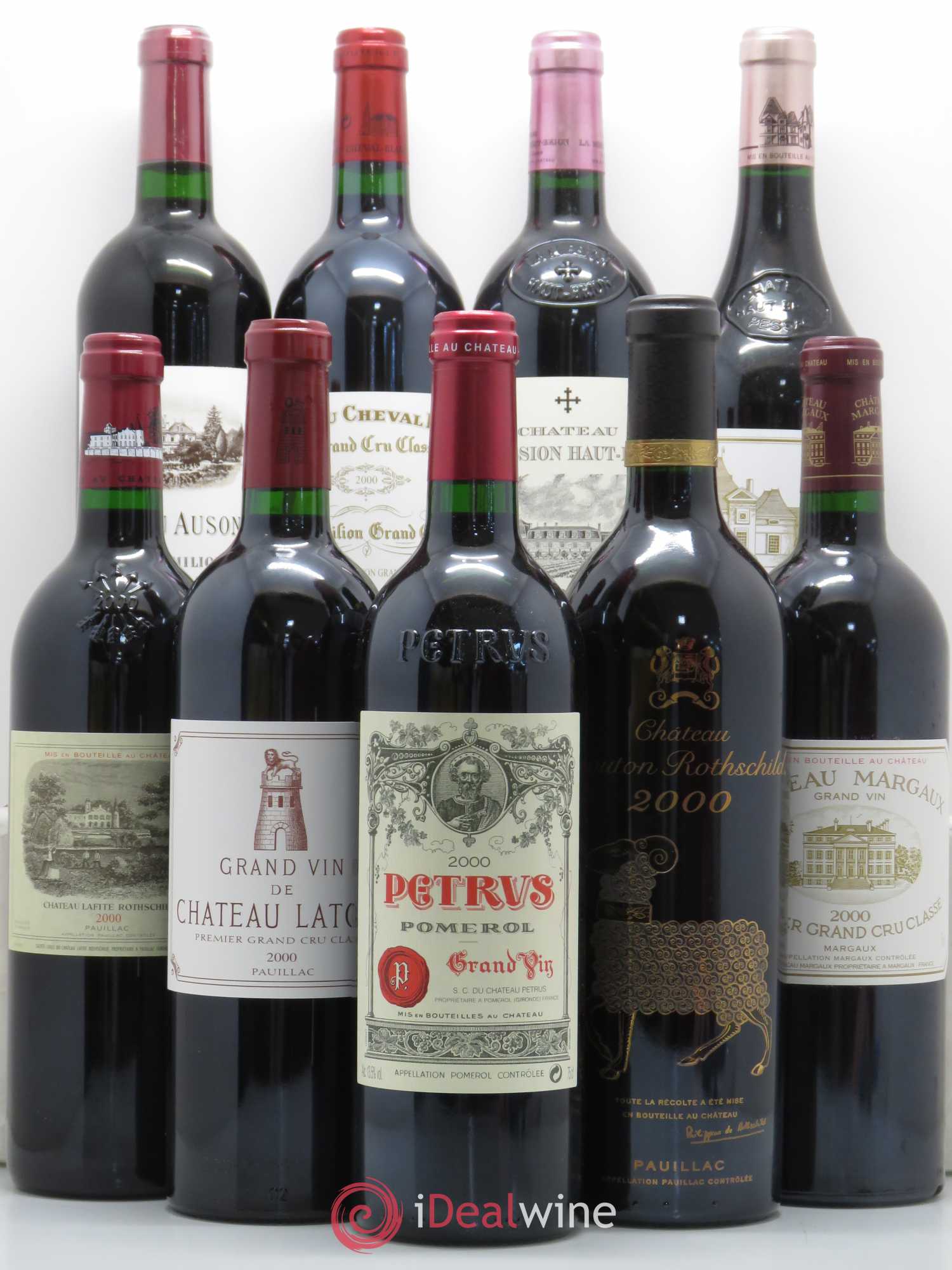 Caisse Duclot Latour - Margaux - Mouton Rothschild - Lafite Rothschild - Ausone - Cheval Blanc - Petrus - Haut Brion - La Mission Haut Brion 2000 - Posten von 9 Flaschen - 0
