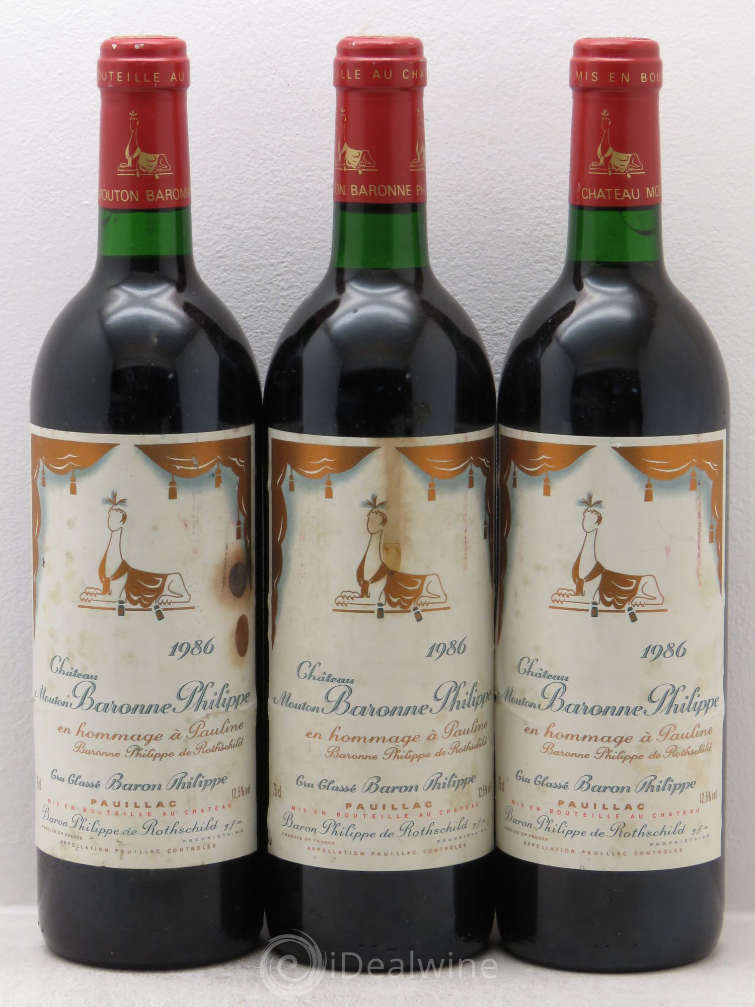Château d' Armailhac - Mouton Baron(ne) Philippe 5ème Grand Cru Classé 1986 - Lot de 3 bouteilles - 0