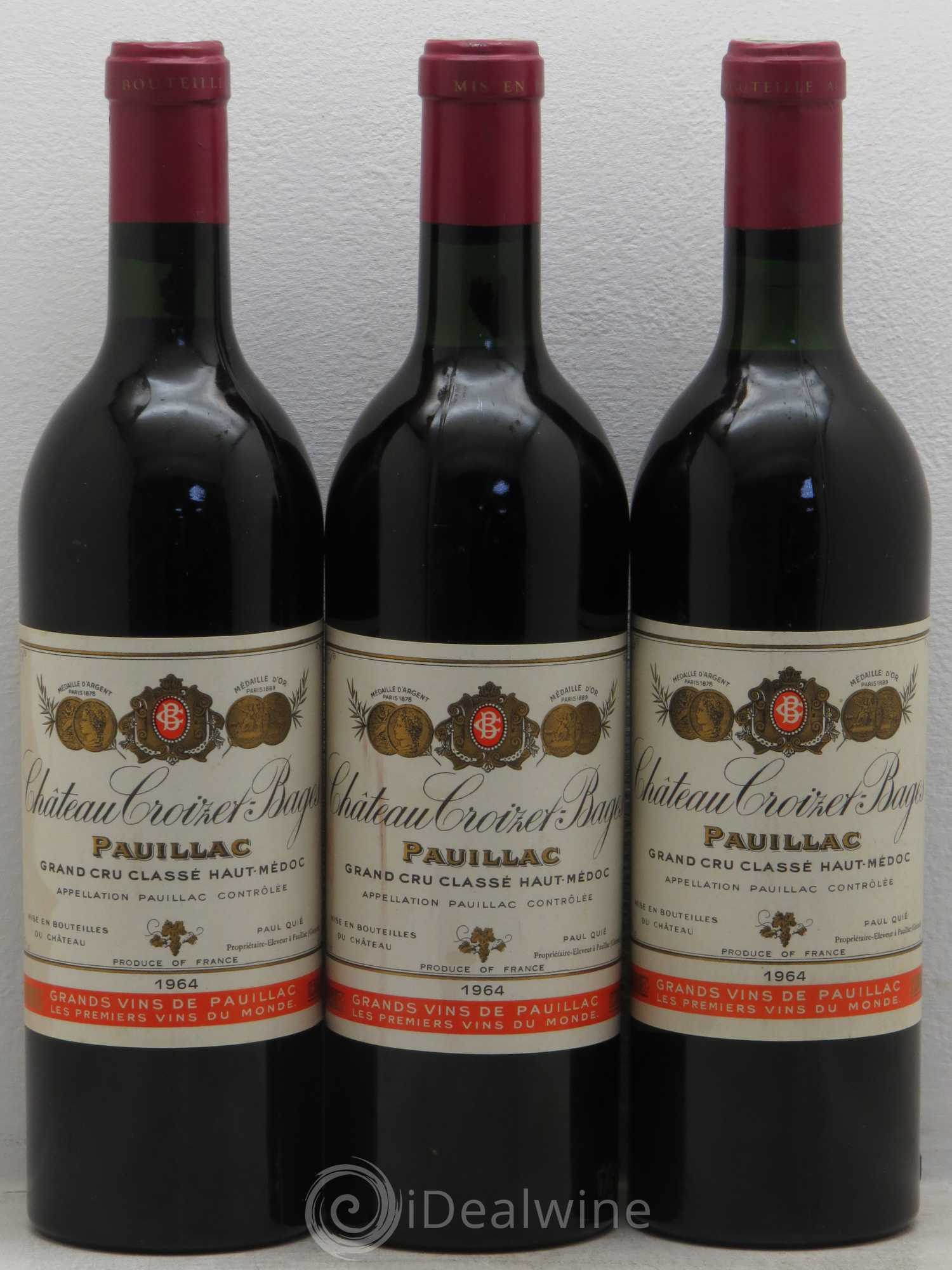 Château Croizet Bages 5ème Grand Cru Classé 1964 - Lot de 3 bouteilles - 0