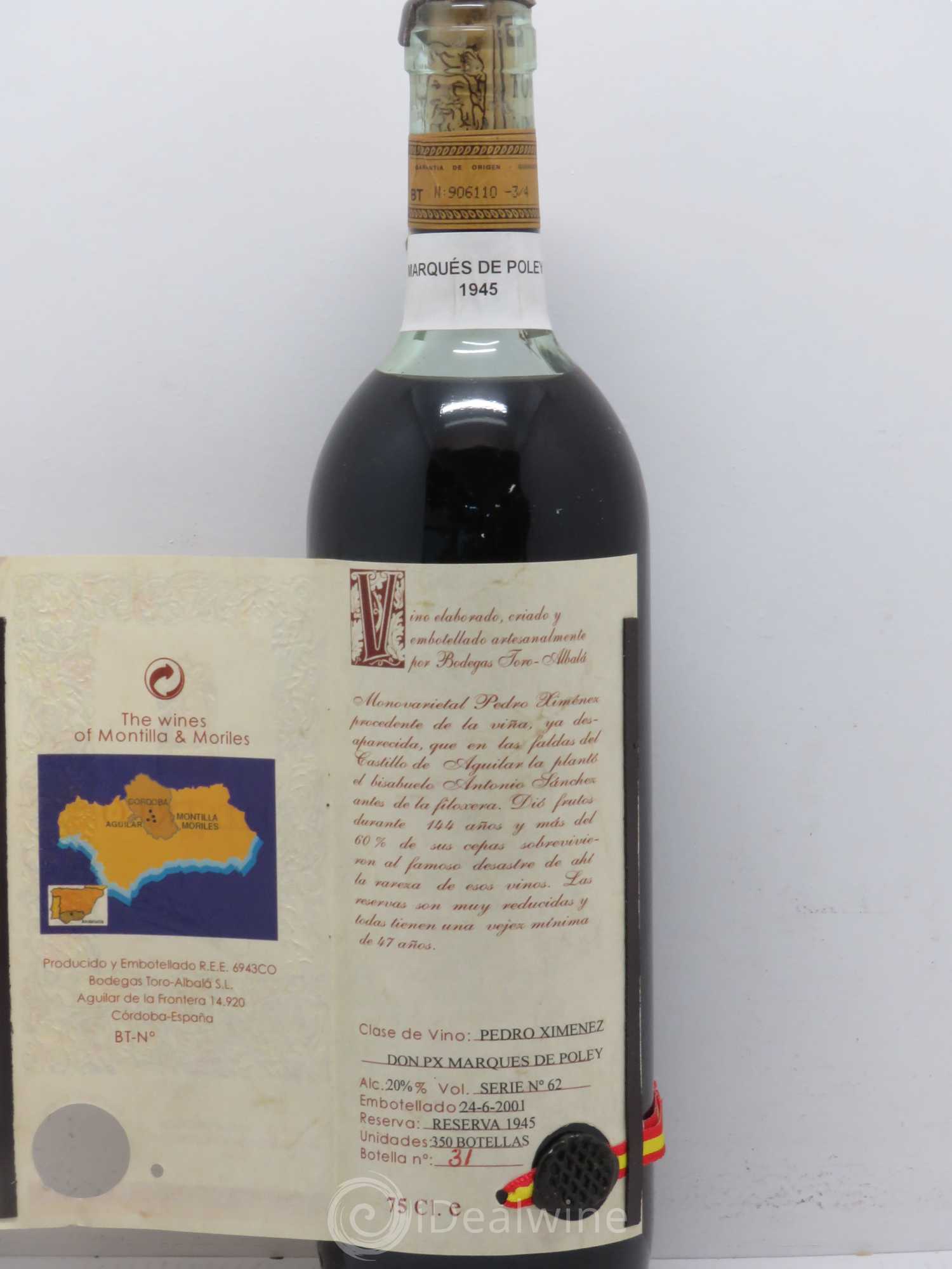 Espagne Montilla Moriles Marques De Poley Bodega Toro Albal Electrico 1945 - Lot de 1 bouteille - 1