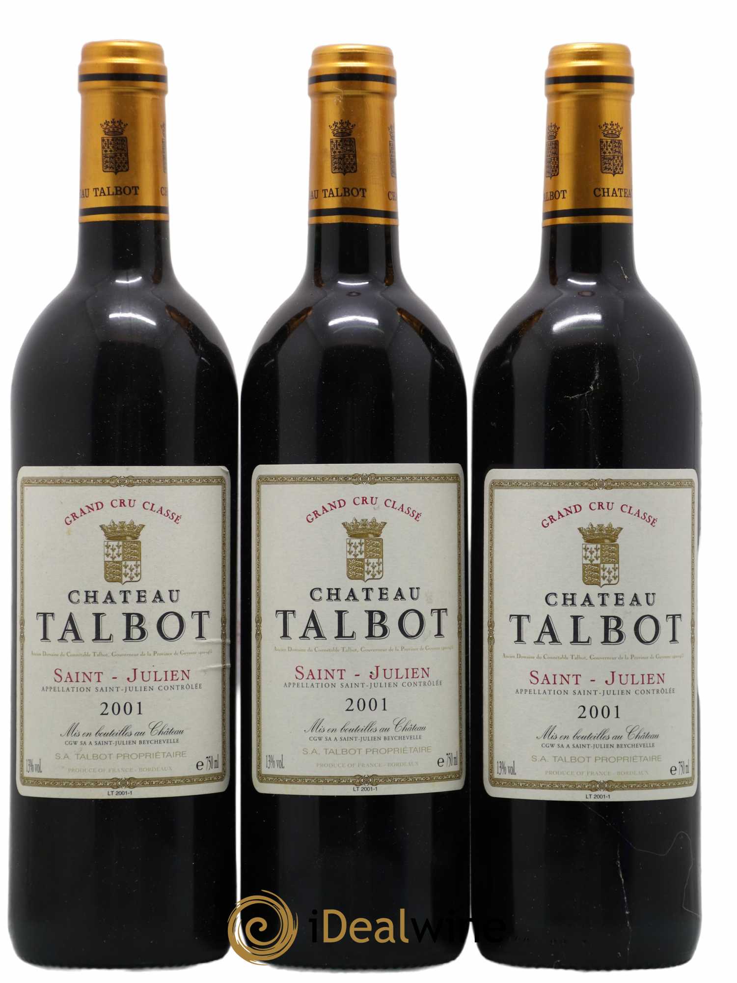 Château Talbot 4ème Grand Cru Classé 2001 - Lot de 3 bouteilles - 0