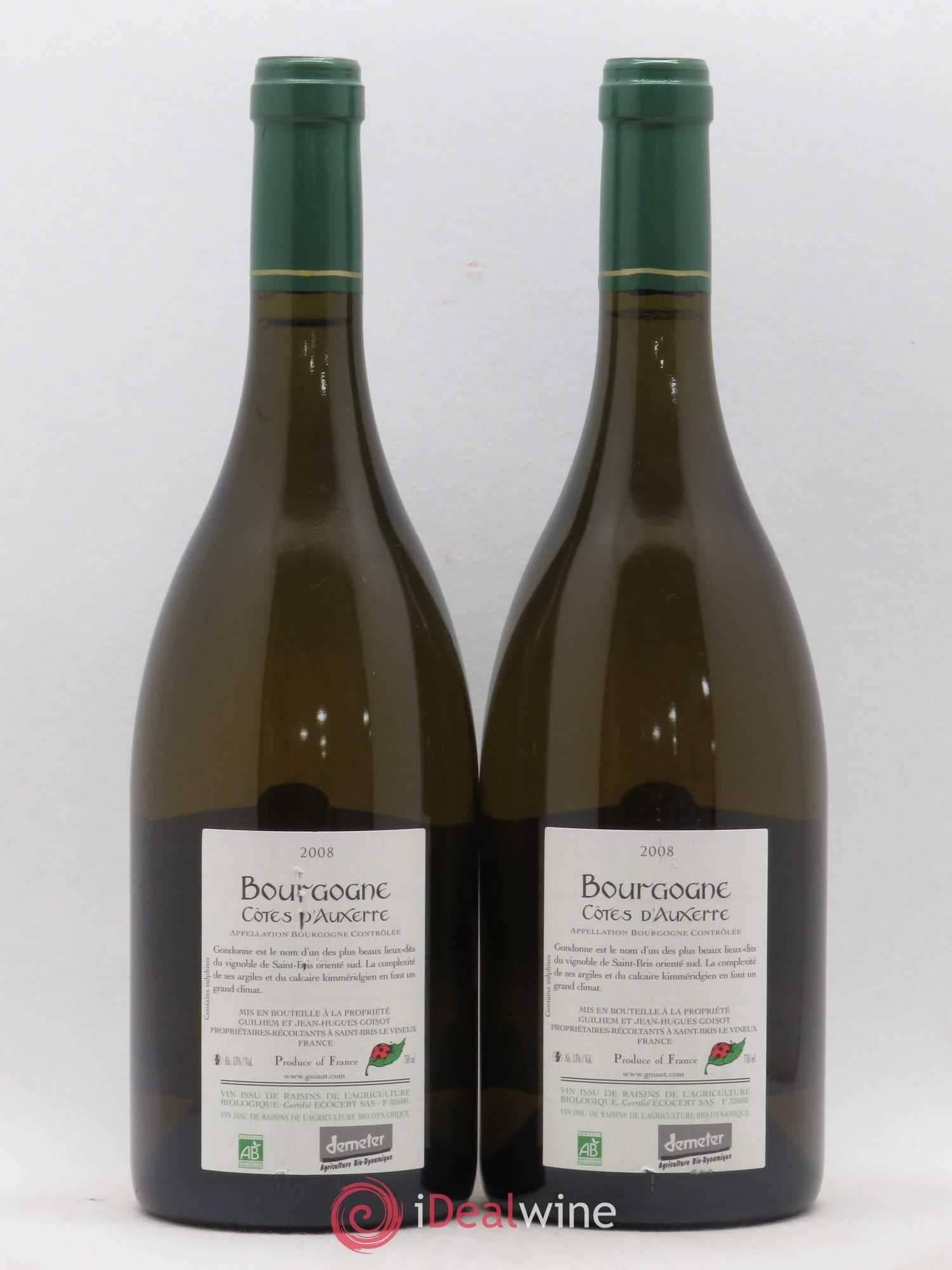 Bourgogne Côtes d'Auxerre Gondonne Goisot 2008 - Lot de 2 bouteilles - 1