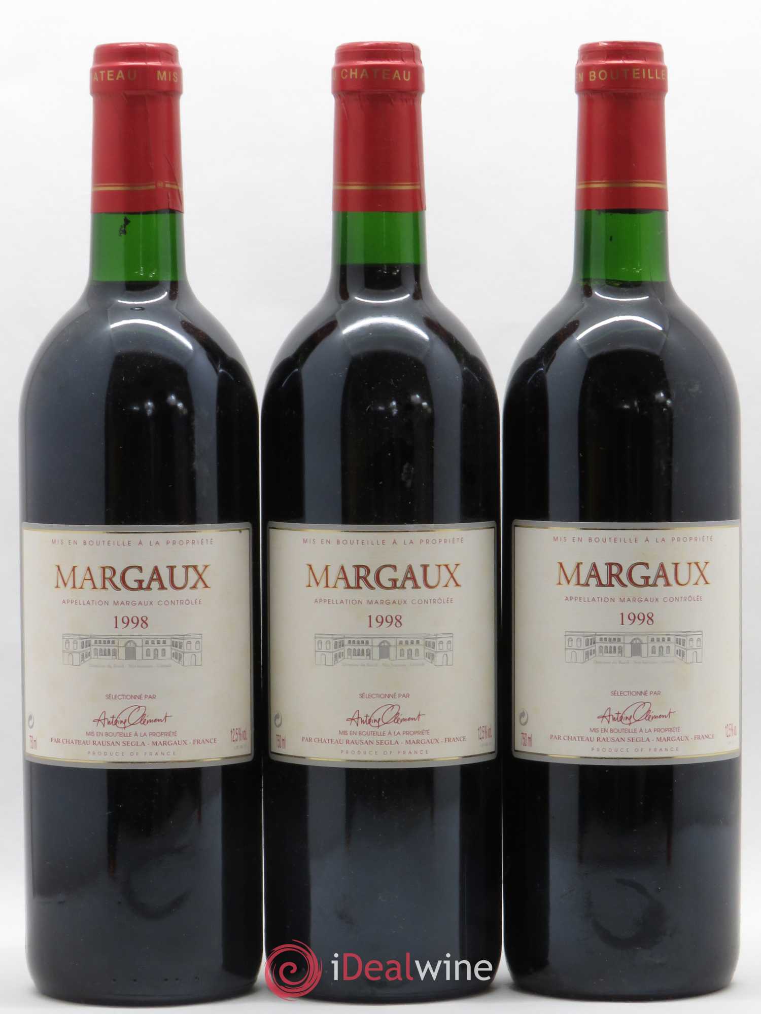 Bordeaux Margaux Sélectionné par Antoine Clément mis en bouteille par Rauzan Segla 1998 - Posten von 3 Flaschen - 0