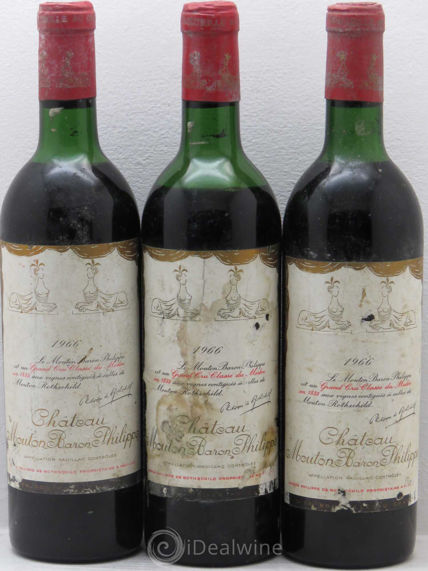 Château d' Armailhac - Mouton Baron(ne) Philippe 5ème Grand Cru Classé 1966 - Lot de 3 bouteilles - 0