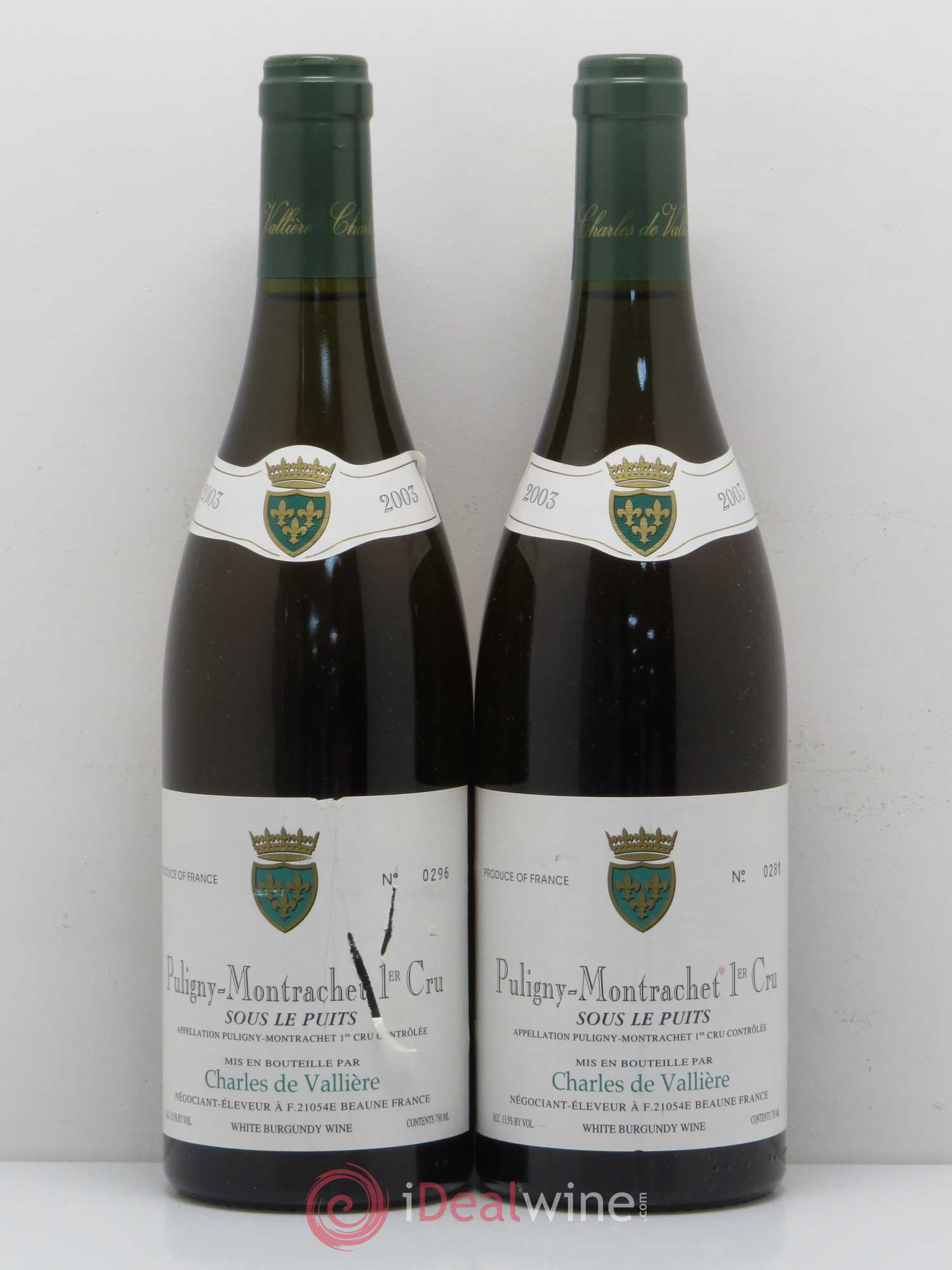 Puligny-Montrachet 1er Cru Sous Les Puits Domaine Charles de Valliere 2003 - Posten von 2 Flaschen - 0