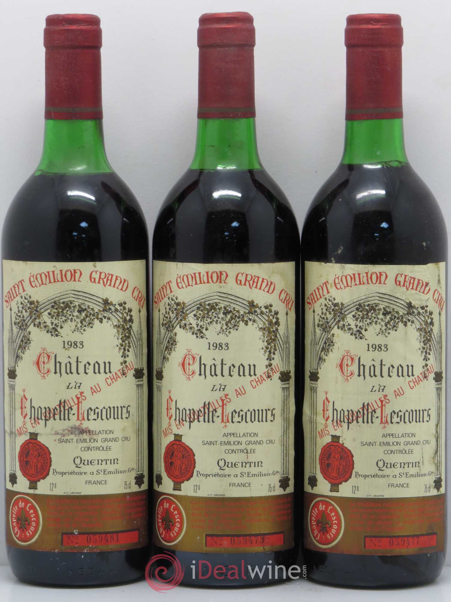 Saint-Émilion Château La Chapelle Lescours 1983 - Lot de 3 bouteilles - 0