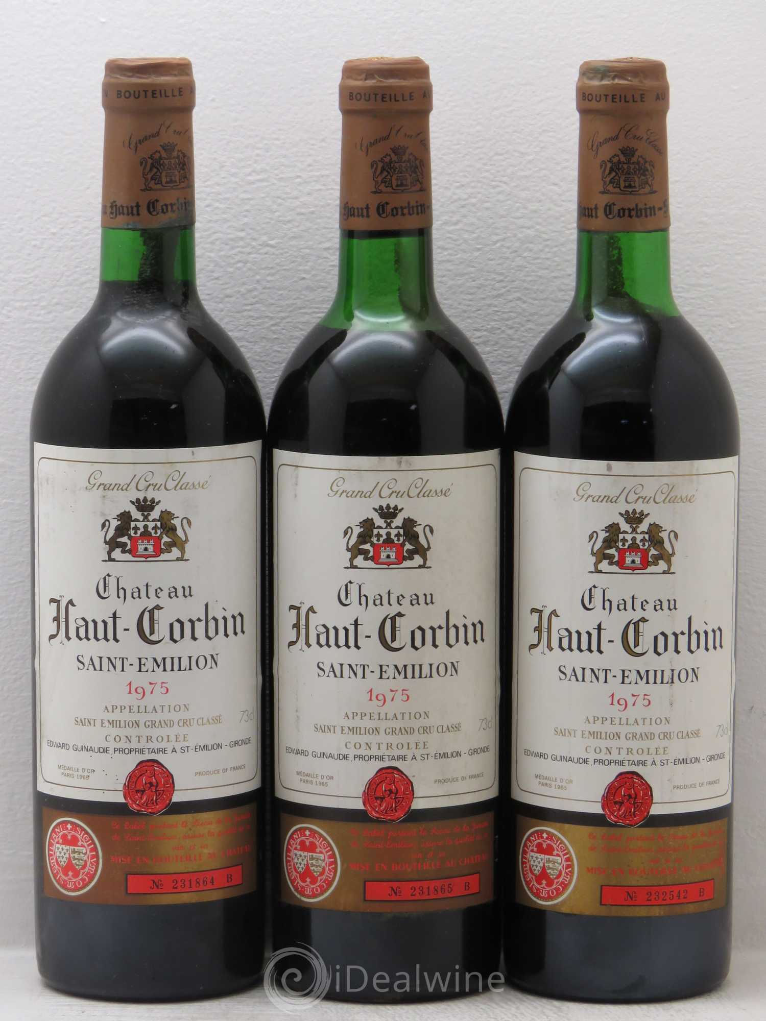 Château Haut Corbin Grand Cru 1975 - Lot de 3 bouteilles - 0