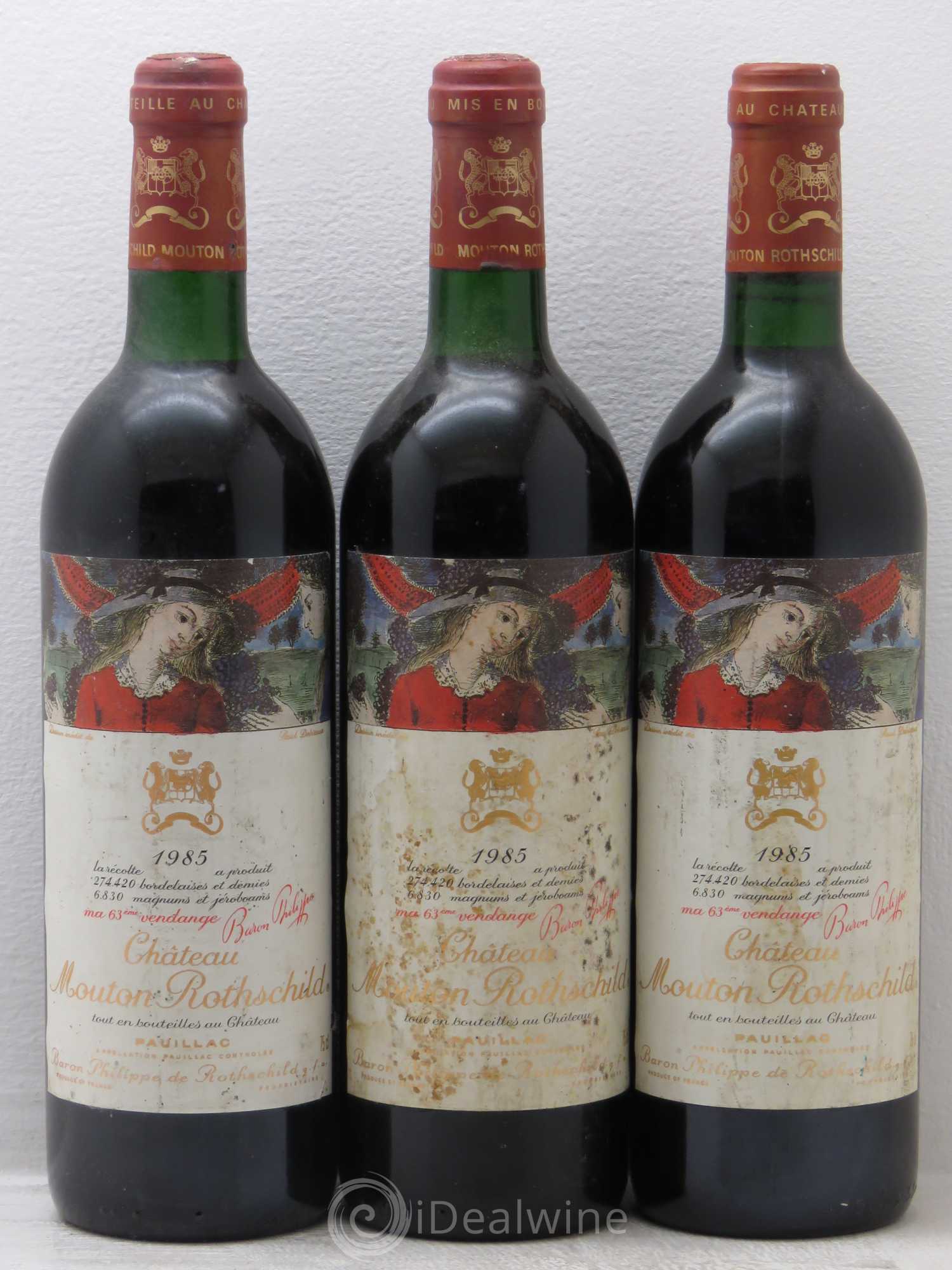 Château Mouton Rothschild 1er Grand Cru Classé 1985 - Lot de 3 bouteilles - 0